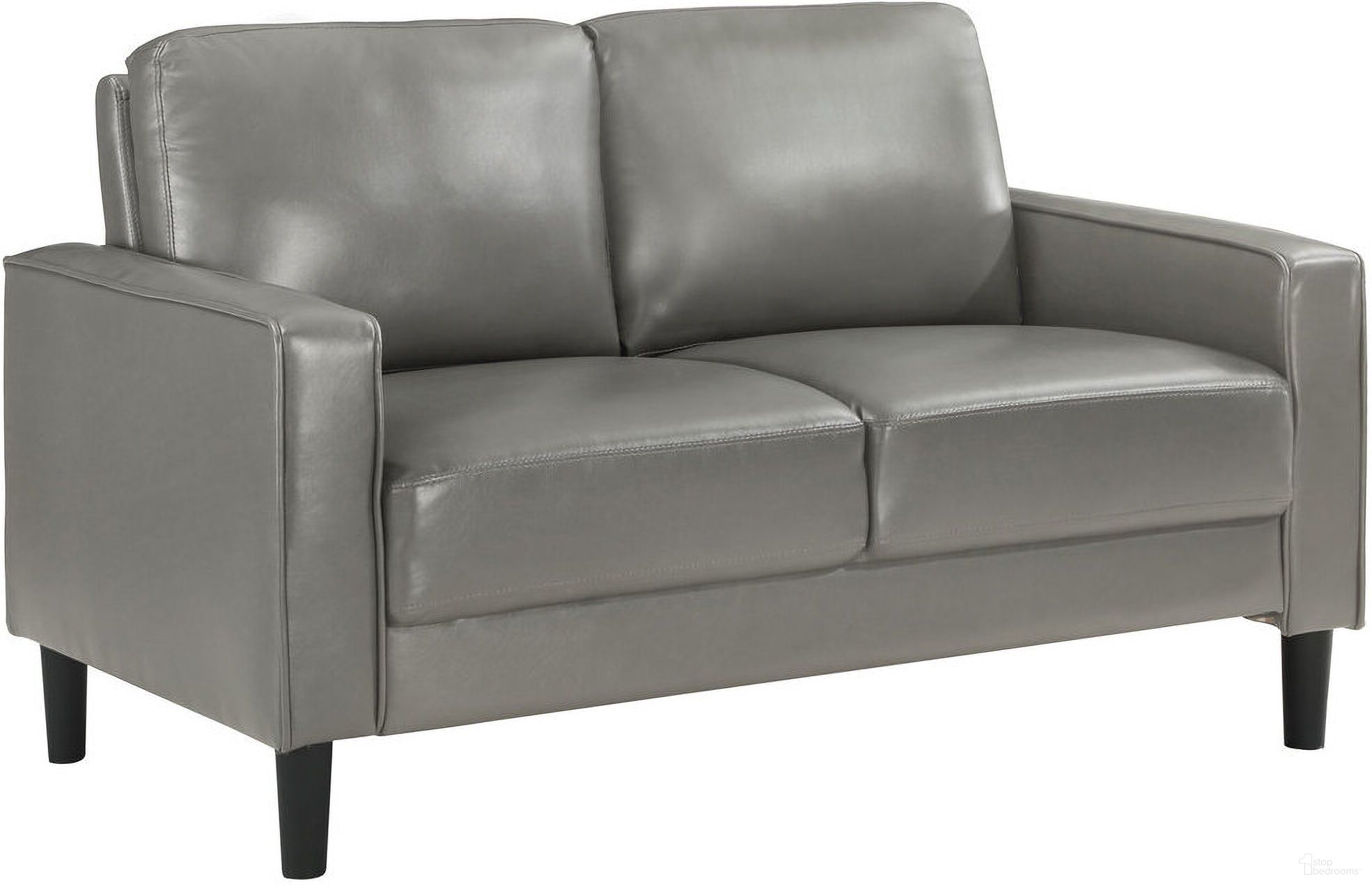 The appearance of Ruth Upholstered Track Arm Faux Leather Loveseat Grey designed by Coaster in the transitional interior design. This grey piece of furniture  was selected by 1StopBedrooms from Ruth Collection to add a touch of cosiness and style into your home. Sku: 508366. Material: Faux Leather.