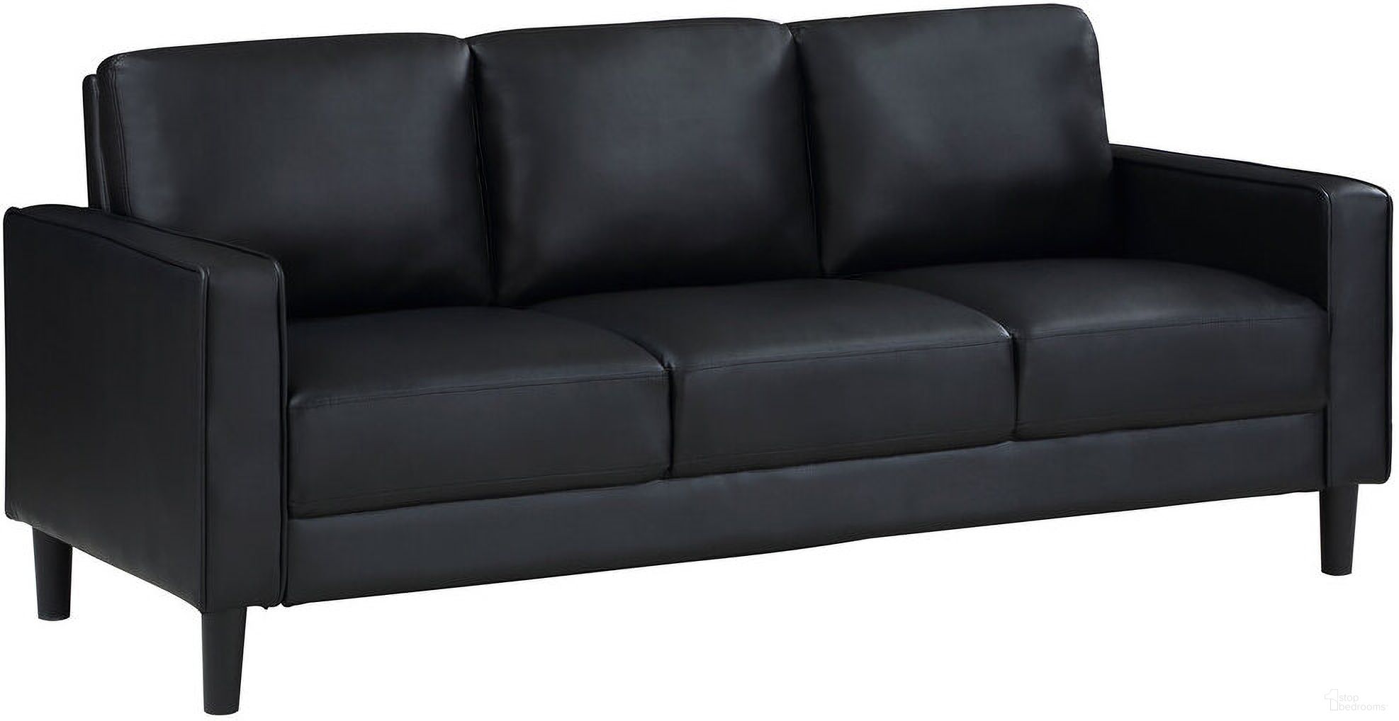The appearance of Ruth Upholstered Track Arm Faux Leather Sofa Black designed by Coaster in the transitional interior design. This black piece of furniture was selected by 1StopBedrooms from Ruth Collection to add a touch of cosiness and style into your home. Sku: 508361. Material: Faux Leather.