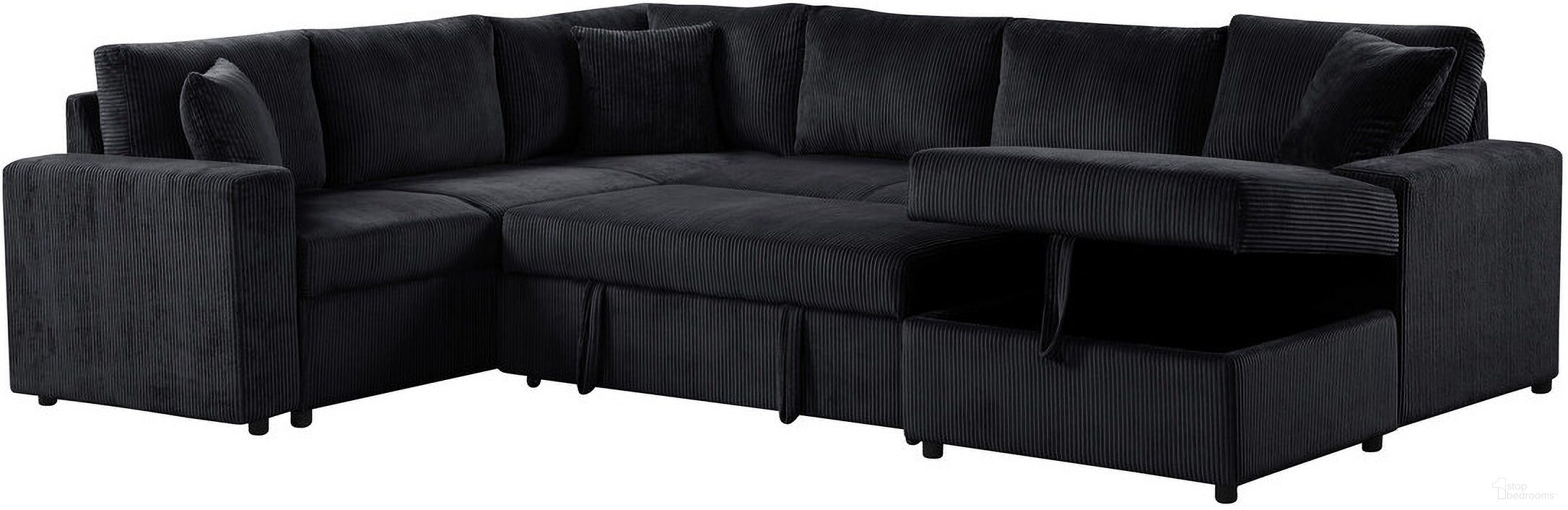 The appearance of Ruxley Sleeper Sectional Sofa with Right-Facing Storage Chaise and Throw Pillows In Black designed by Lilola Home in the modern / contemporary interior design. This black piece of furniture was selected by 1StopBedrooms from Ruxley Collection to add a touch of cosiness and style into your home. Sku: 89166-S;89166-L;89166-CH. Material: Corduroy.