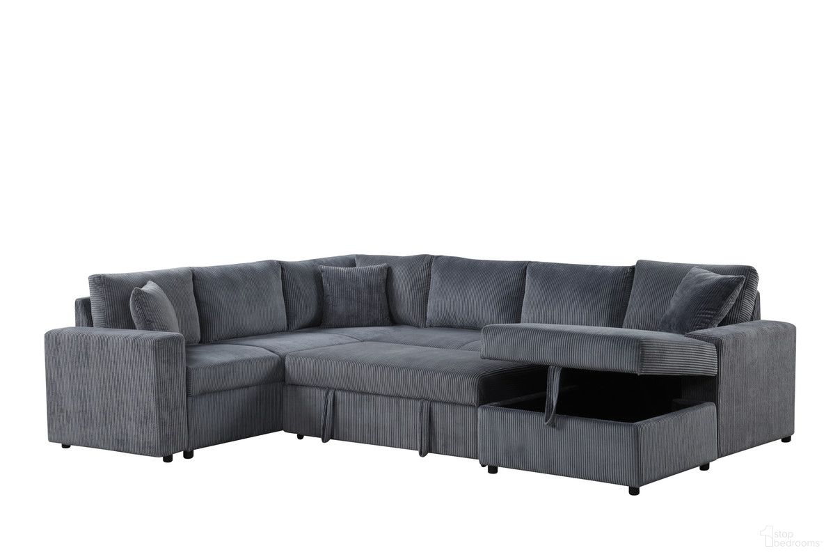 The appearance of Ruxley Sleeper Sectional Sofa with Right-Facing Storage Chaise and Throw Pillows In Gray designed by Lilola Home in the modern / contemporary interior design. This gray piece of furniture  was selected by 1StopBedrooms from Ruxley Collection to add a touch of cosiness and style into your home. Sku: 89167-S;89167-L;89167-CH. Material: Corduroy.