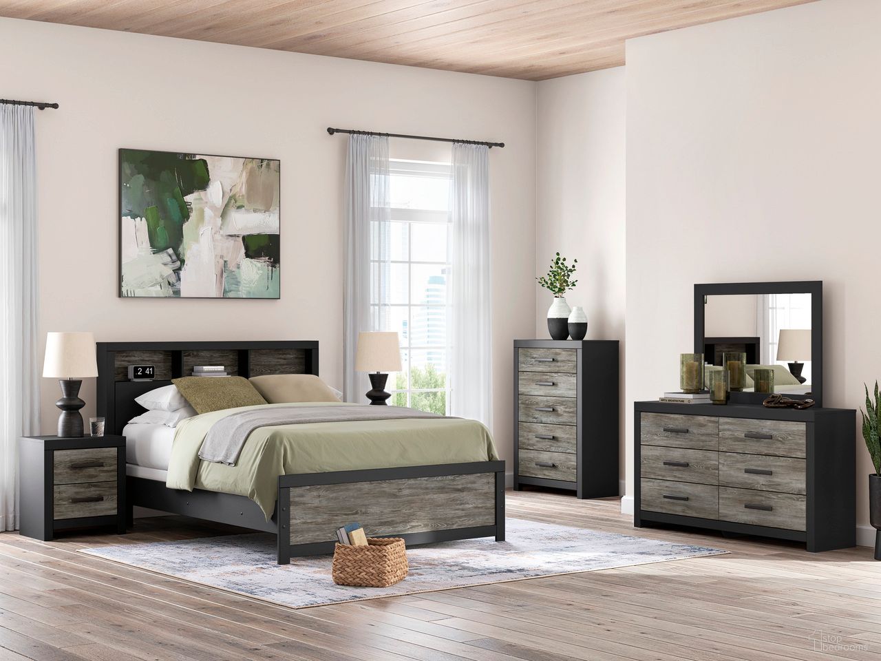 The appearance of Ryderton Bookcase Bedroom Set In Black and Gray designed by Signature Design by Ashley in the transitional interior design. This black and gray piece of furniture was selected by 1StopBedrooms from Ryderton Collection to add a touch of cosiness and style into your home. Sku: NCB1118-54;NCB1118-65;NCB1118-96;NCB1118-92. Material: Wood. Bed Size: Queen.