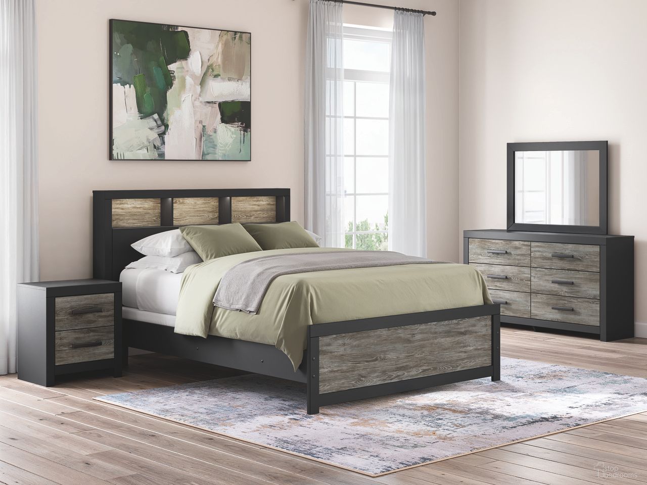 Ryderton Bookcase Panel Bedroom Set In Black and Gray
