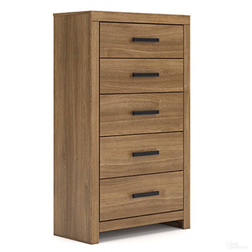 The appearance of Ryderton Five Drawer Chest In Auburn designed by Signature Design by Ashley in the transitional interior design. This auburn piece of furniture was selected by 1StopBedrooms from Ryderton Collection to add a touch of cosiness and style into your home. Sku: NCB1116-46. Material: Wood.