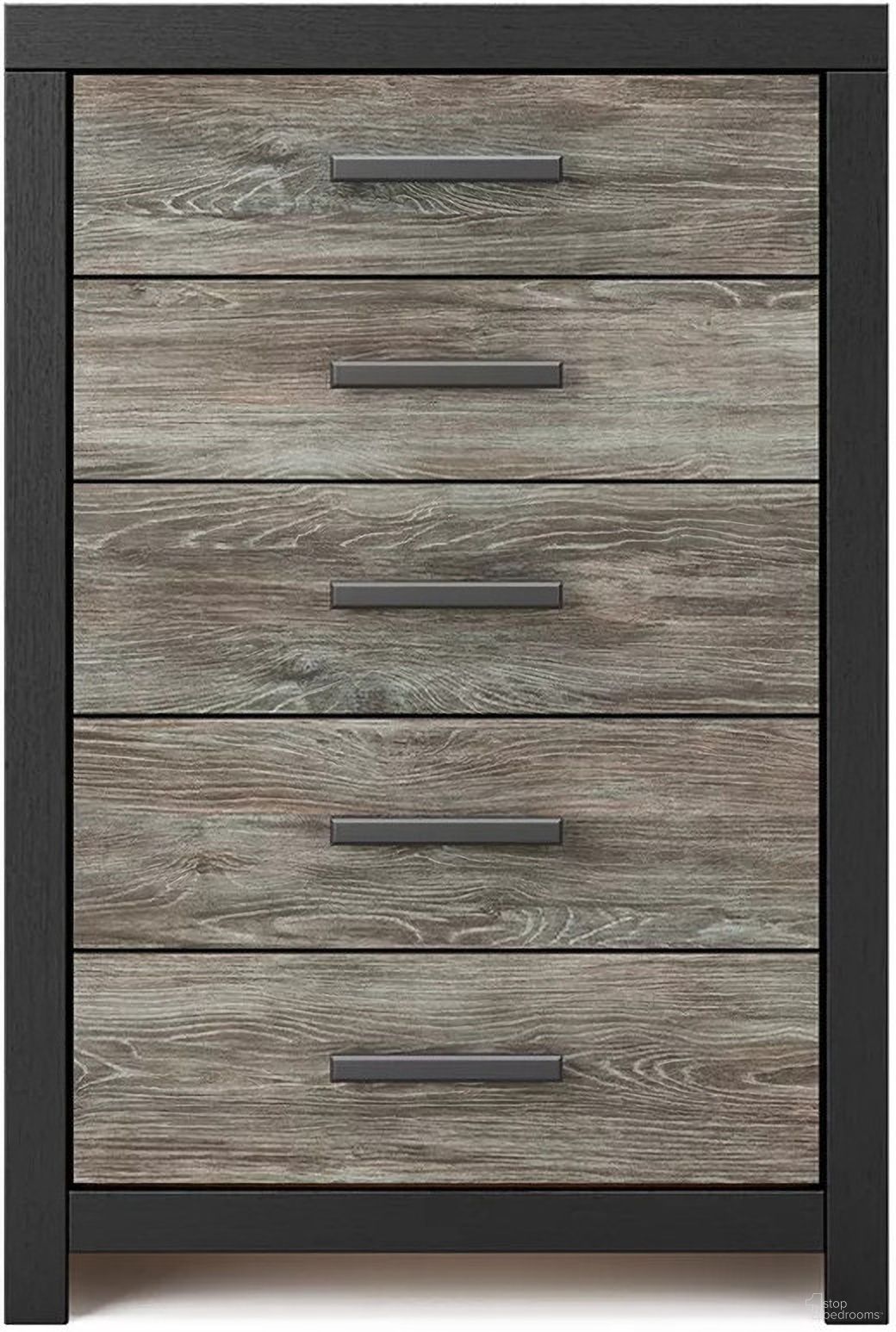 The appearance of Ryderton Five Drawer Chest In Black and Gray designed by Signature Design by Ashley in the transitional interior design. This black and gray piece of furniture was selected by 1StopBedrooms from Ryderton Collection to add a touch of cosiness and style into your home. Sku: NCB1118-46. Material: Wood.