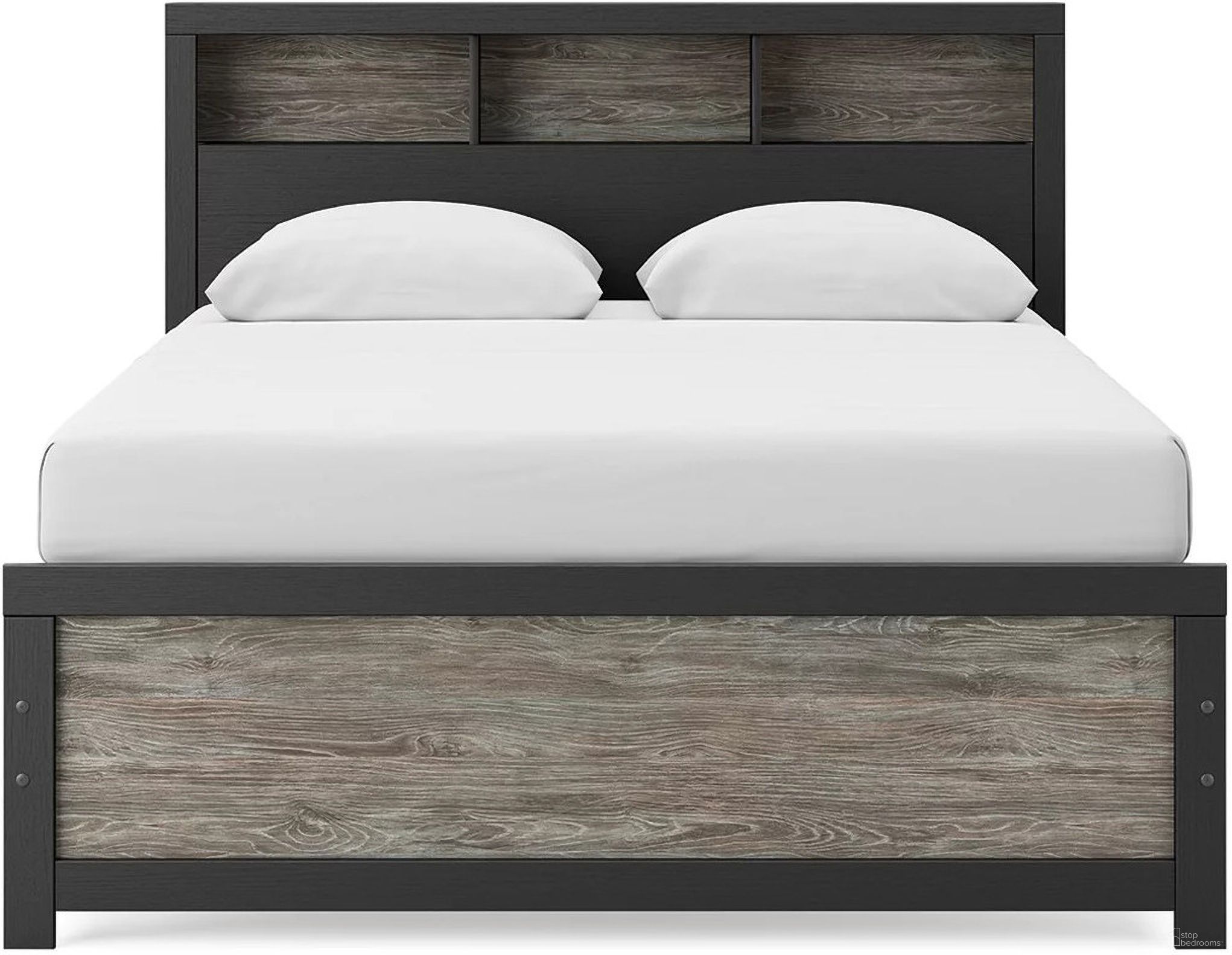 The appearance of Ryderton Queen Bookcase Bed In Black and Gray designed by Signature Design by Ashley in the transitional interior design. This black and gray piece of furniture was selected by 1StopBedrooms from Ryderton Collection to add a touch of cosiness and style into your home. Sku: NCB1118-54;NCB1118-65;NCB1118-96. Bed Type: Bookcase Bed. Bed Size: Queen.