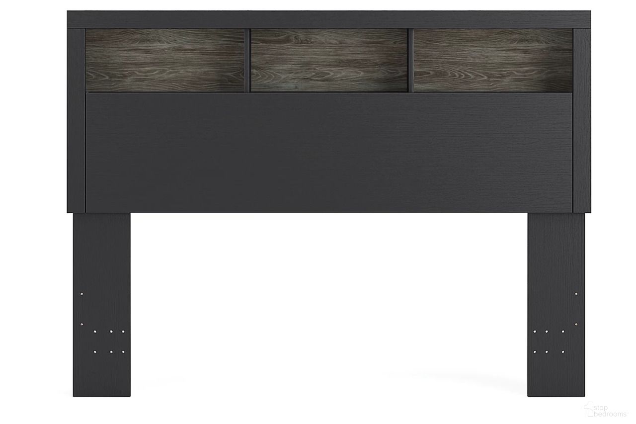 The appearance of Ryderton Queen Bookcase Headboard In Black and Gray designed by Signature Design by Ashley in the transitional interior design. This black and gray piece of furniture  was selected by 1StopBedrooms from Ryderton Collection to add a touch of cosiness and style into your home. Sku: NCB1118-65. Material: Wood. Bed Size: Queen.