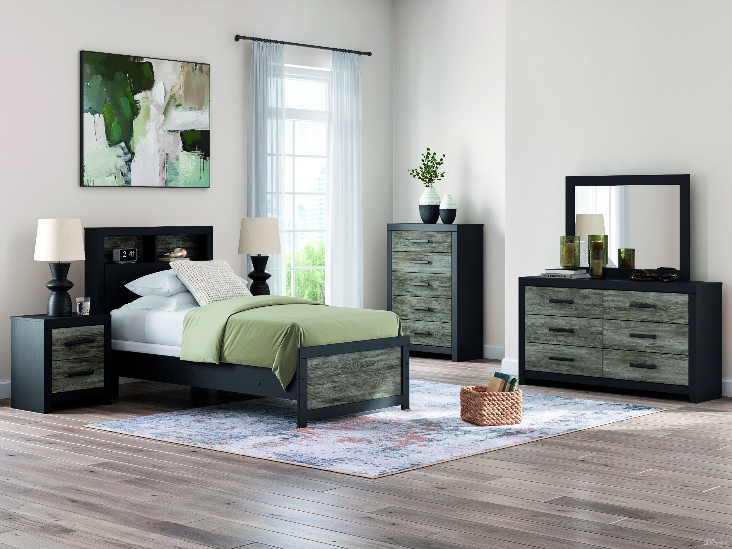 The appearance of Ryderton Youth Bookcase Bedroom Set In Black and Gray designed by Signature Design by Ashley in the transitional interior design. This black and gray piece of furniture  was selected by 1StopBedrooms from Ryderton Collection to add a touch of cosiness and style into your home. Sku: NCB1118-52;NCB1118-63;NCB1118-83;NCB1118-92. Material: Wood. Bed Size: Full.