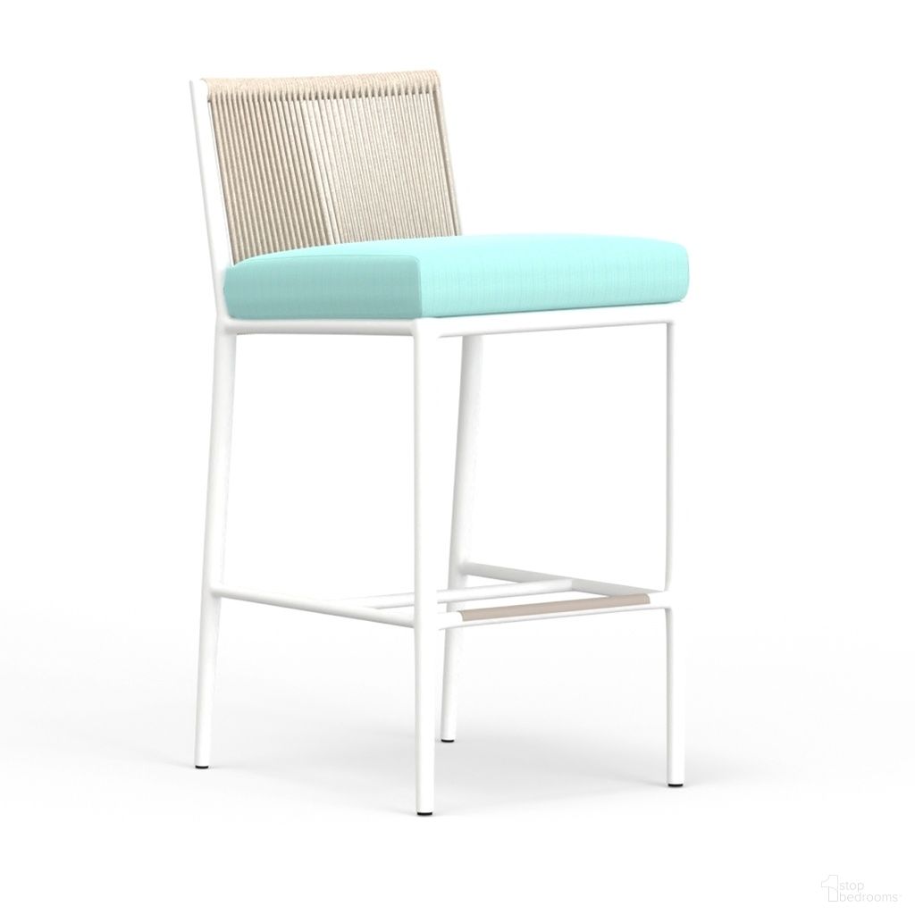 The appearance of Sabbia Barstool in Dupione Celeste designed by Sunset West in the transitional interior design. This dupione celeste piece of furniture was selected by 1StopBedrooms from Sabbia Collection to add a touch of cosiness and style into your home. Sku: SW4901-7B-8067. Material: Olefin Rope.