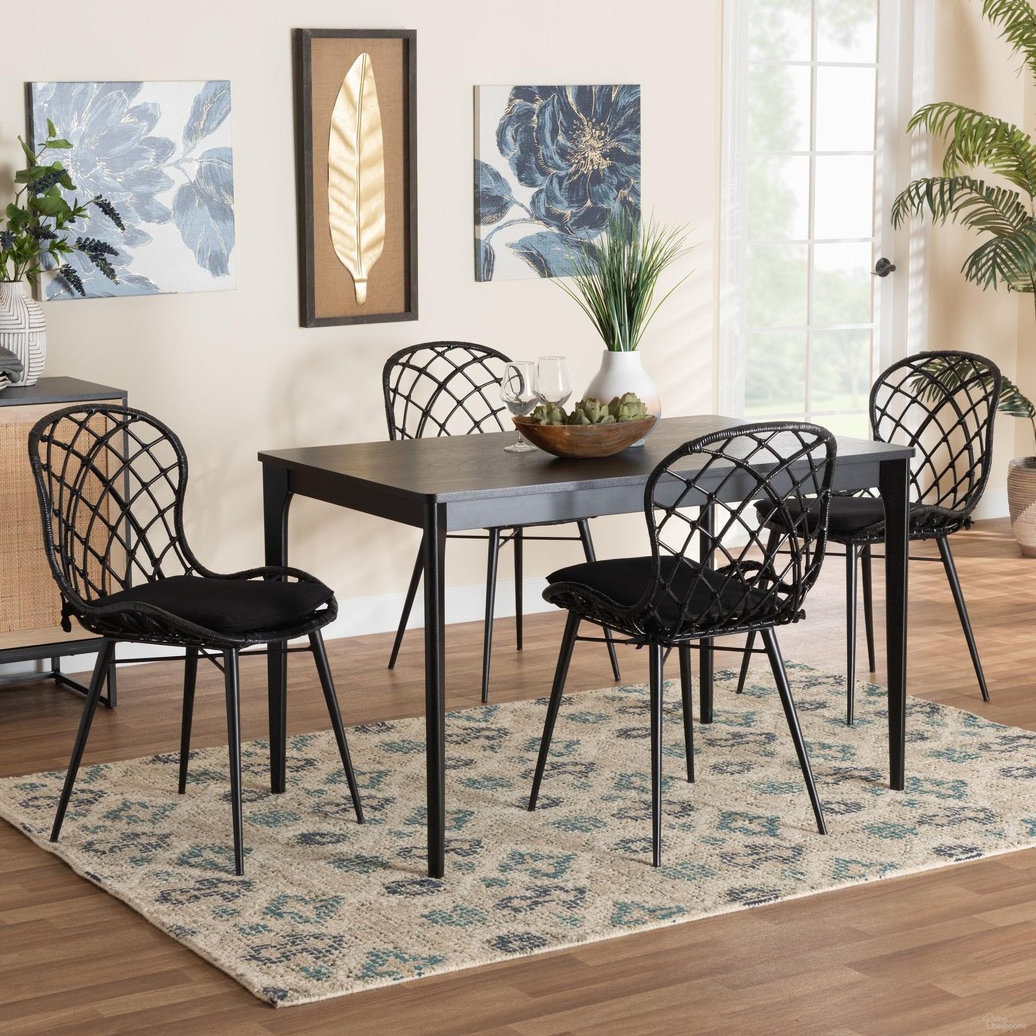 The appearance of Sabelle Wood and Rattan 5 Piece Dining Set In Black designed by Baxton Studio in the bohemian interior design. This black piece of furniture was selected by 1StopBedrooms from Sabelle Collection to add a touch of cosiness and style into your home. Sku: KYG002C-Black-5PC Dining Set. Material: Natural Rattan.
