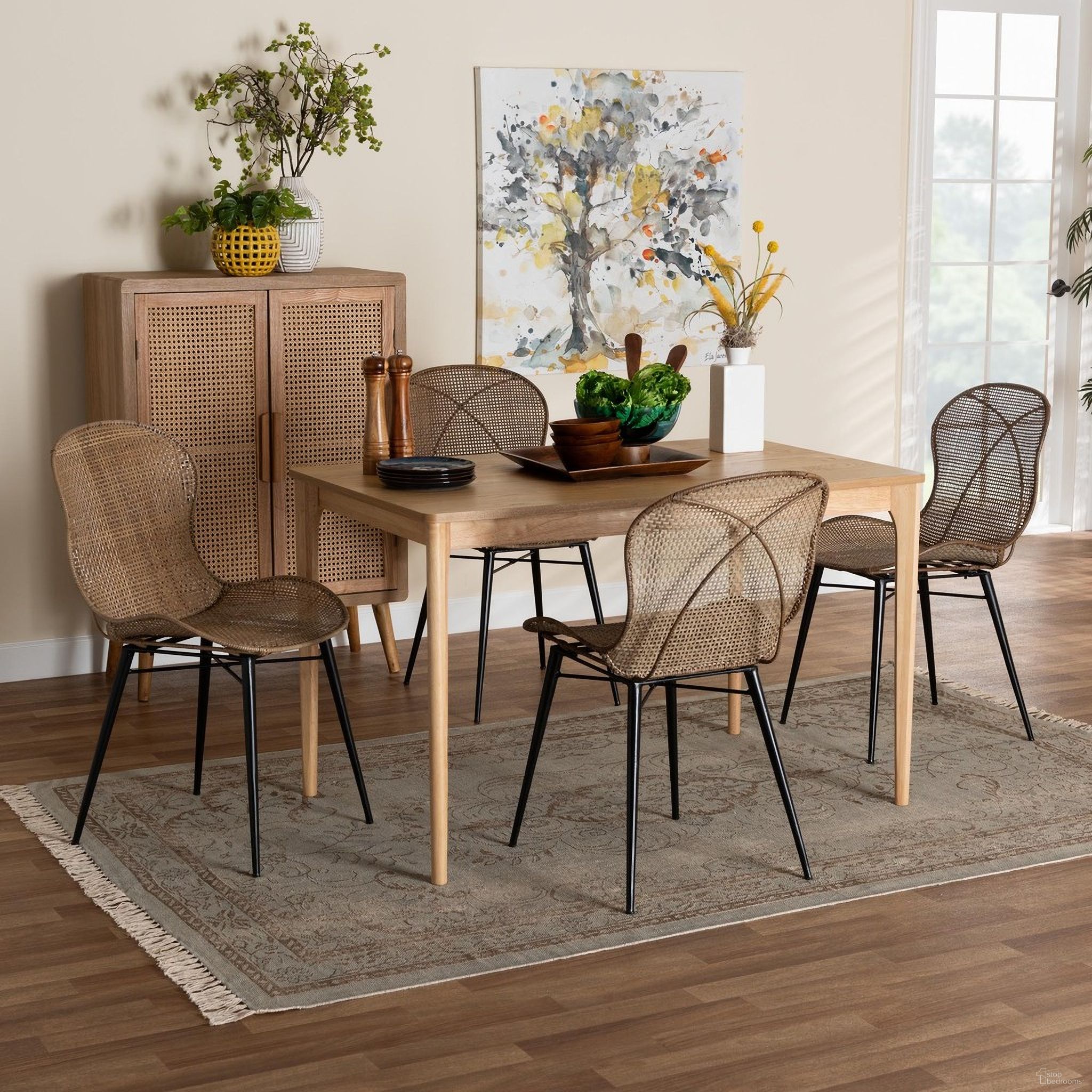 The appearance of Sabelle Wood and Rattan 5 Piece Dining Set In Grey and Natural Brown designed by Baxton Studio in the bohemian interior design. This grey/brown piece of furniture was selected by 1StopBedrooms from Sabelle Collection to add a touch of cosiness and style into your home. Sku: KYG007C-Natural Oak/Light Grey-5PC Dining Set. Material: Natural Rattan.