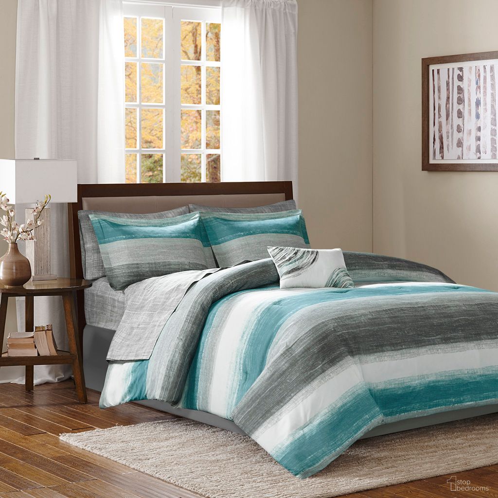 Saben Polyester Microfiber Printed 9 Piece Complete Bed and Full Sheet Set In Aqua