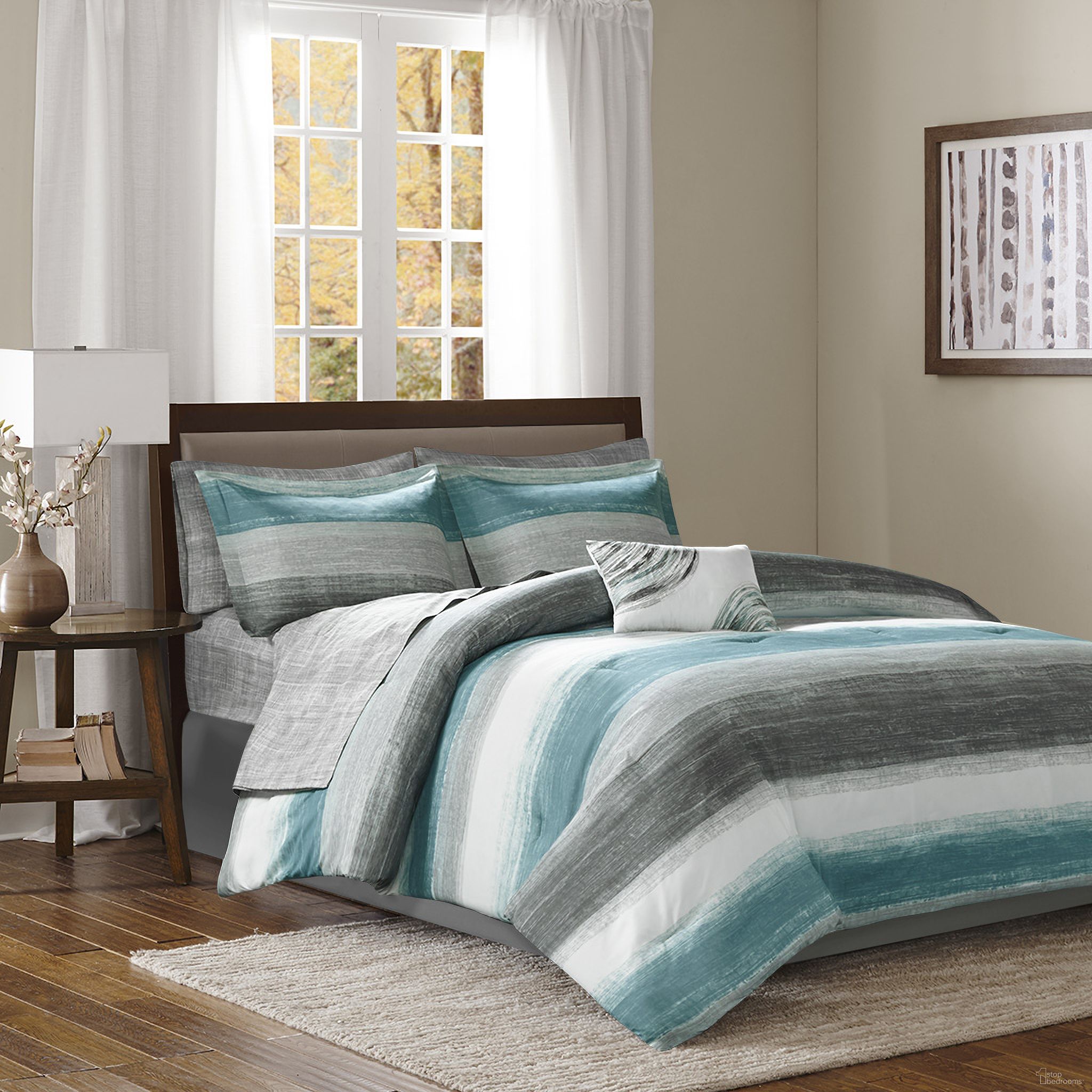 The appearance of Saben Polyester Microfiber Printed 9 Piece Complete Bed and King Sheet Set In Aqua designed by Olliix in the transitional interior design. This aqua piece of furniture was selected by 1StopBedrooms from Saben Collection to add a touch of cosiness and style into your home. Sku: MPE10-696. Material: Polyester. Bed Size: King.
