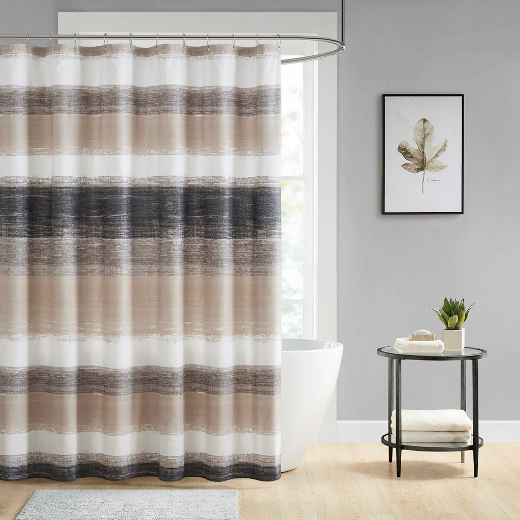 The appearance of Saben Stripe Print Shower Curtain In Black and Taupe designed by Olliix in the transitional interior design. This black/taupe piece of furniture was selected by 1StopBedrooms from Saben Collection to add a touch of cosiness and style into your home. Sku: MPE70-1030. Material: Polyester.