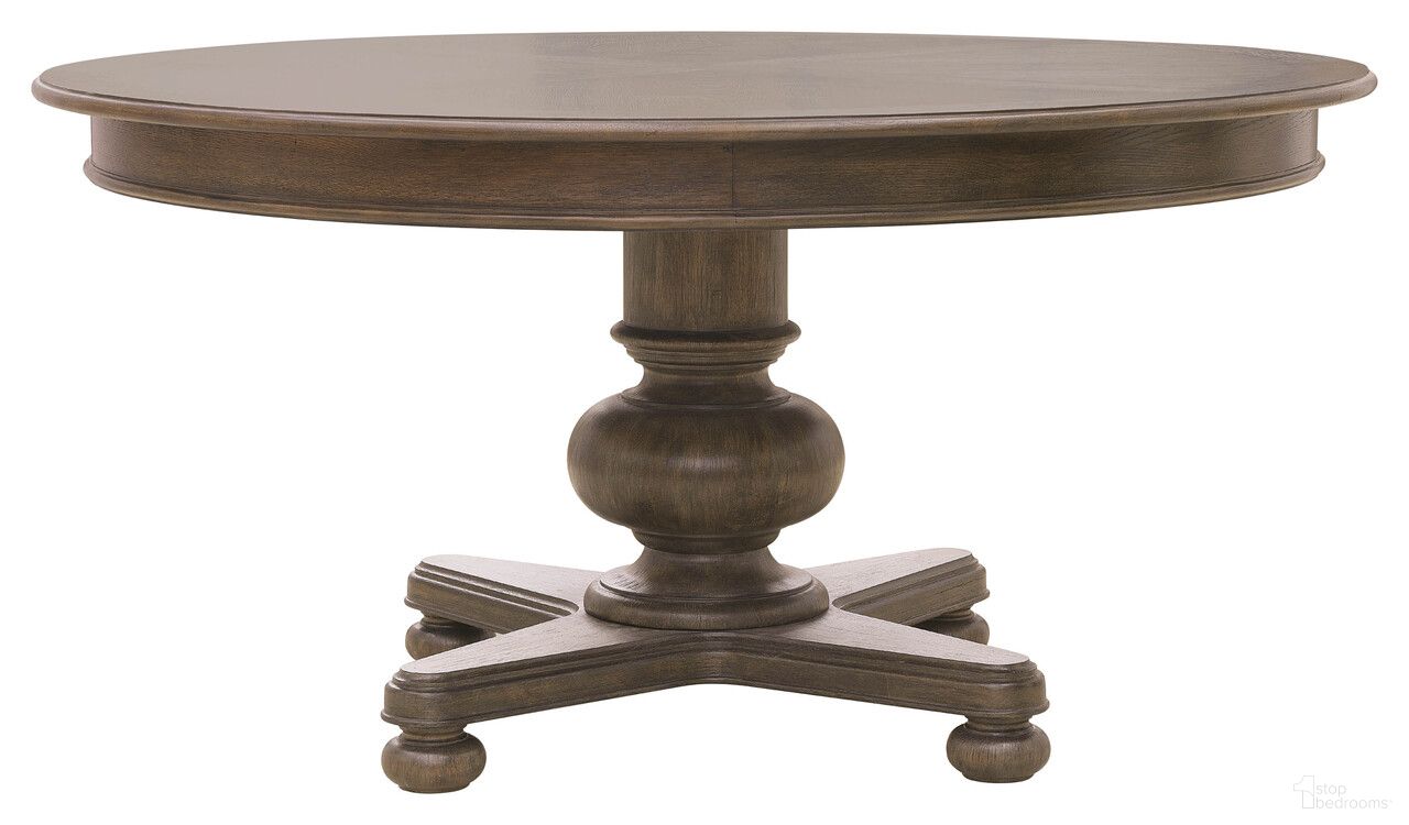 The appearance of Saddle Creek Round Dining Table In Timber Brown designed by Pulaski in the traditional interior design. This timber brown piece of furniture was selected by 1StopBedrooms from Saddle Creek Collection to add a touch of cosiness and style into your home. Sku: P412230;P412231. Table Base Style: Pedestal. Table Top Shape: Round. Size: 60". Material: Solid Rubberwood.