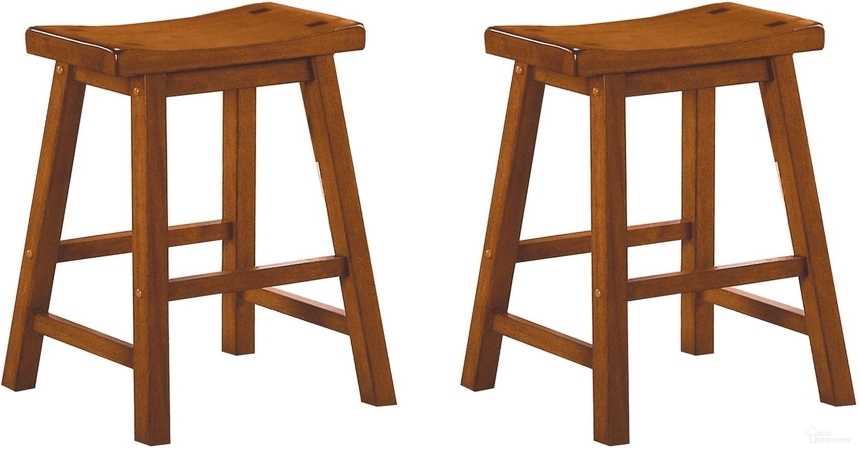 The appearance of Saddleback 18" Dining Stool Set of 2 In Oak designed by Homelegance in the modern / contemporary interior design. This brown piece of furniture was selected by 1StopBedrooms from Saddleback Collection to add a touch of cosiness and style into your home. Sku: 5302A-18. Material: Wood.