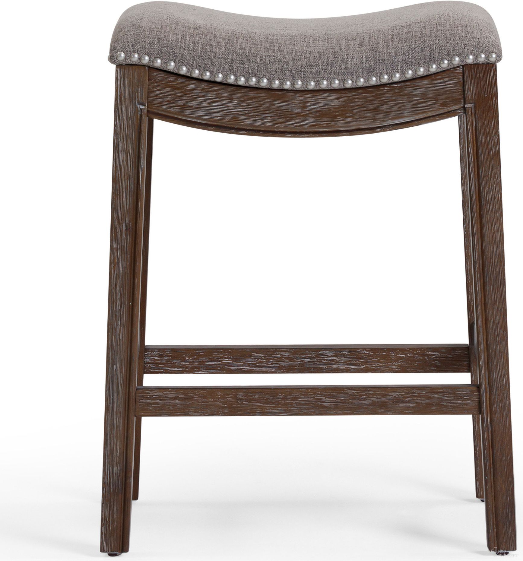 The appearance of Sadie 26 Inch Saddle Wood Counter-Height Barstool with Fabric In Distressed Espresso and Smoke Gray designed by New Ridge Home Goods in the country / farmhouse interior design. This distressed espresso/smoke gray piece of furniture was selected by 1StopBedrooms from Sadie Collection to add a touch of cosiness and style into your home. Sku: NR100154-FCS-WG. Material: Hardwood.
