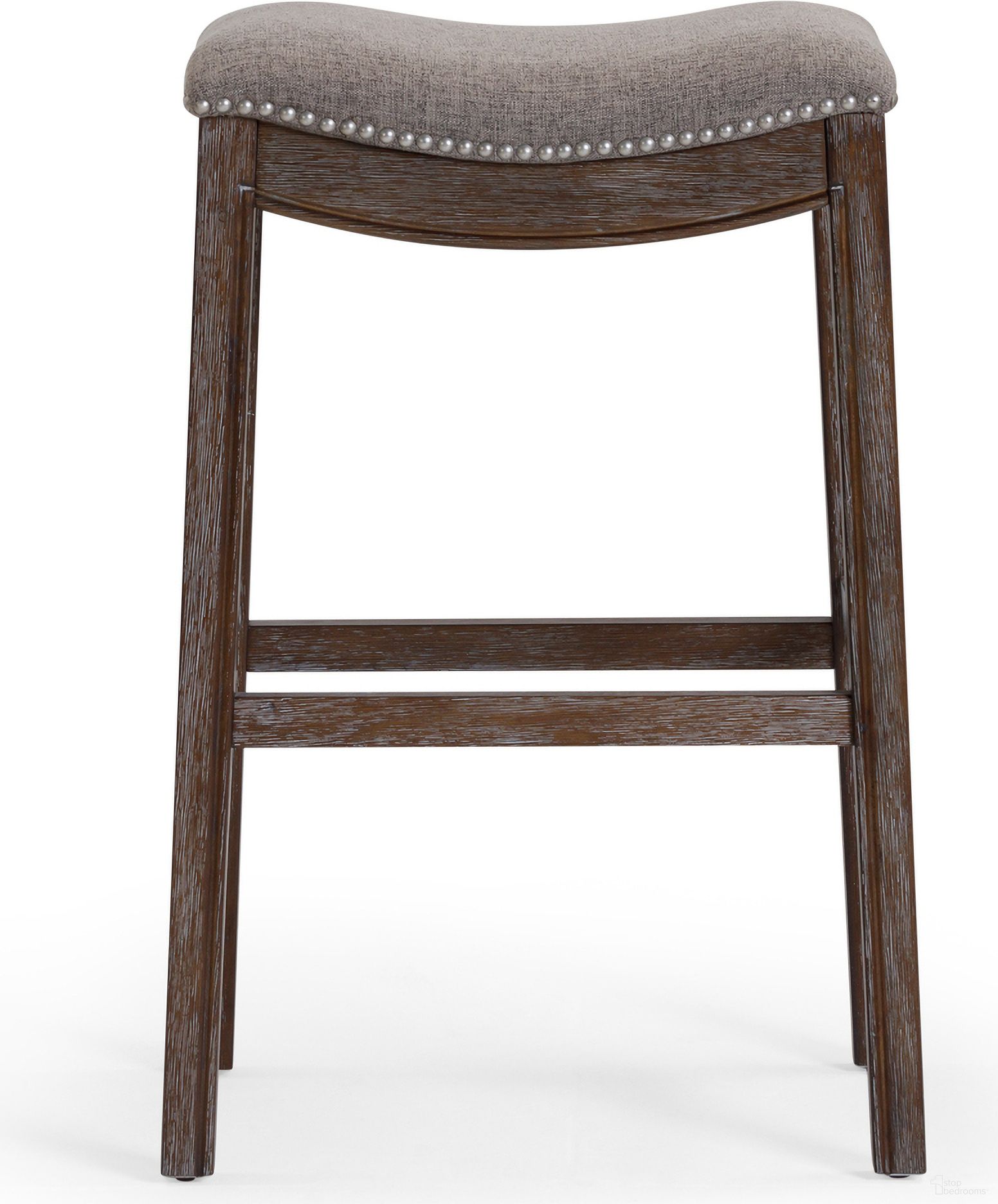 The appearance of Sadie 31 Inch Saddle Wood Bar-Height Barstool with Fabric In Distressed Espresso and Smoke Gray designed by New Ridge Home Goods in the country / farmhouse interior design. This distressed espresso/smoke gray piece of furniture was selected by 1StopBedrooms from Sadie Collection to add a touch of cosiness and style into your home. Sku: NR100153-FBS-WG. Material: Hardwood.
