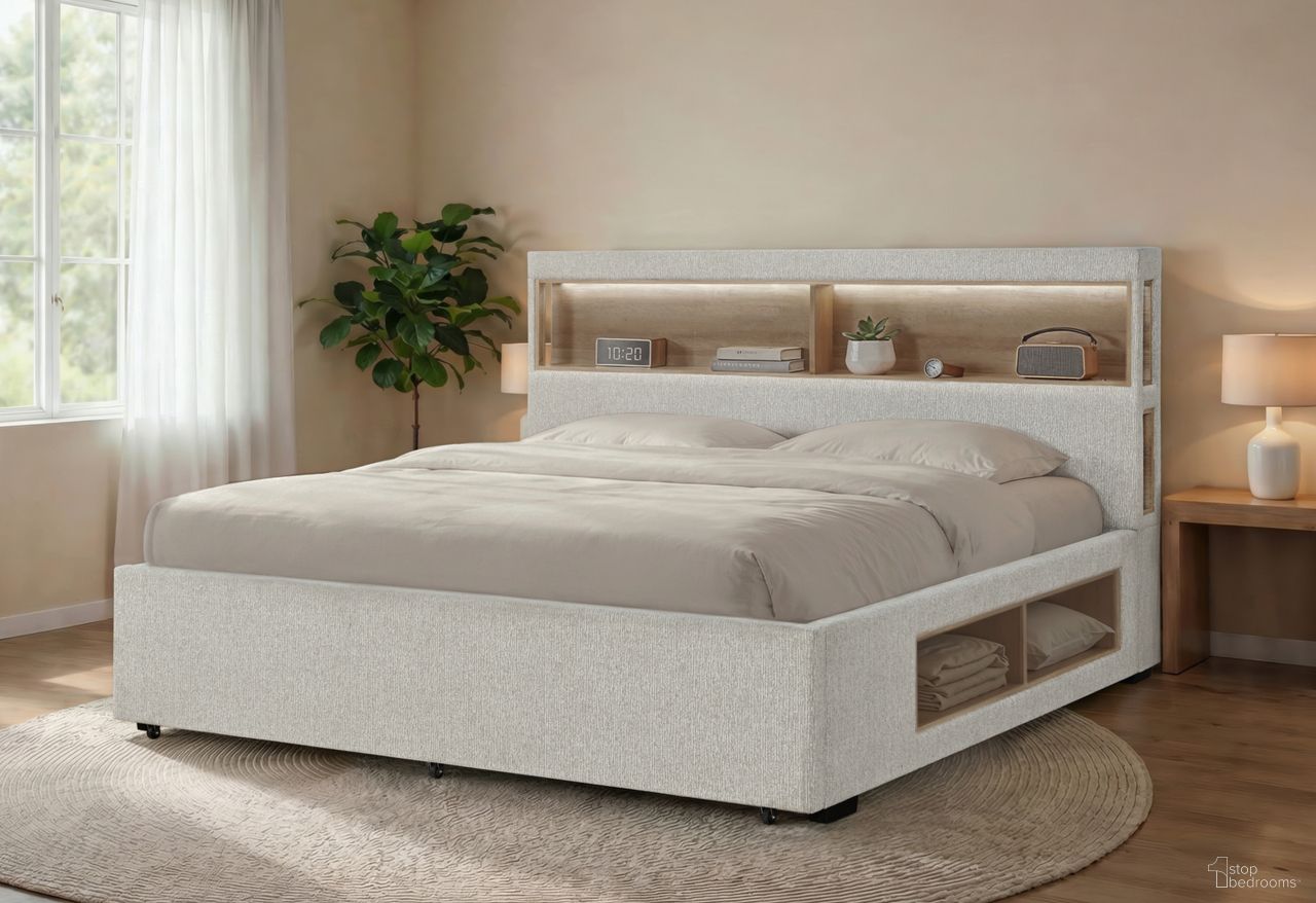 The appearance of Sadie Queen Upholstered Bed with Storage In Beige designed by Global Furniture USA in the modern / contemporary interior design. This beige piece of furniture was selected by 1StopBedrooms from Sadie Collection to add a touch of cosiness and style into your home. Sku: SADIE-BEIGE 3-QB-HB;SADIE-BEIGE 3-QB-SR PANEL;SADIE-BEIGE 3-QB/KB-SR DWR;SADIE-BEIGE 3-QB-FB/SLATS. Bed Size: Queen. Material: Leather Like Vinyl. Bed Type: Upholstered Bed.