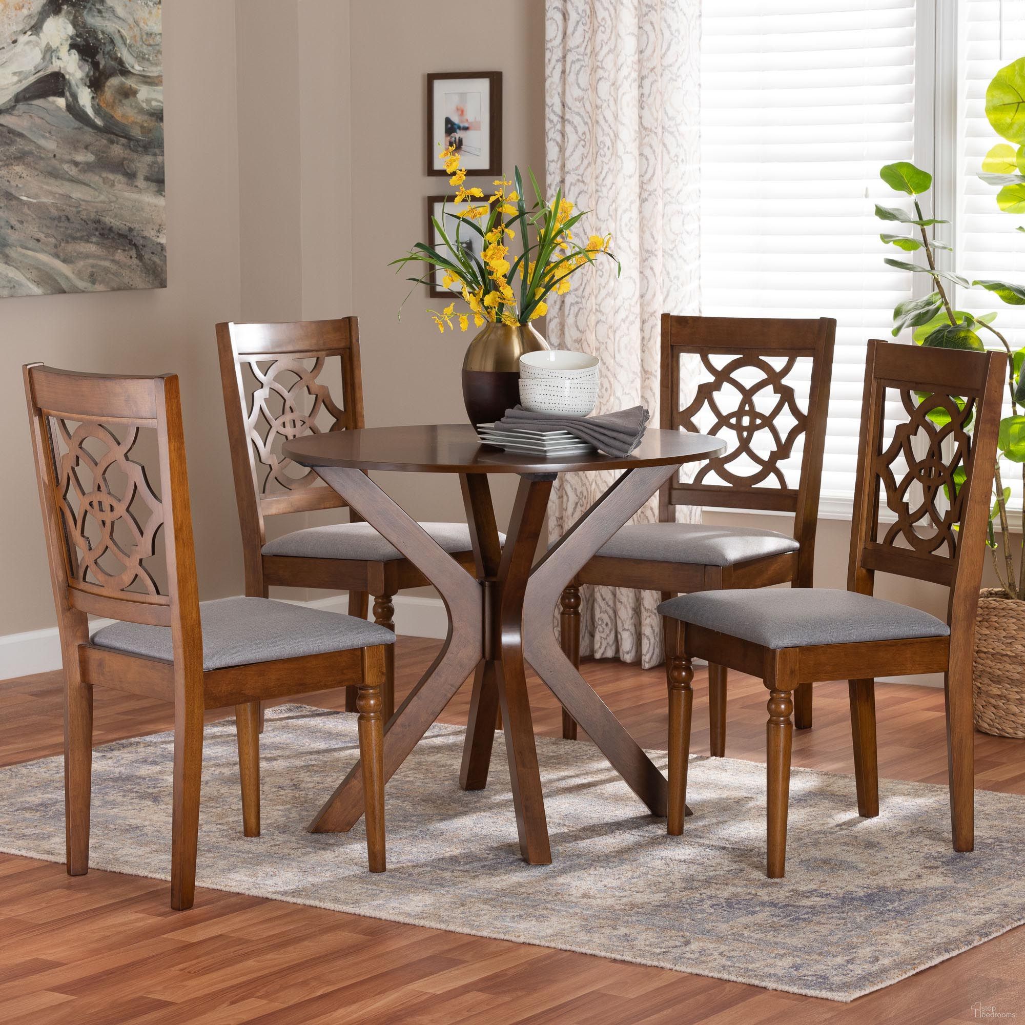 The appearance of Sadie Wood 5-Piece Dining Set In Grey and Walnut Brown designed by Baxton Studio in the modern / contemporary interior design. This grey/walnut brown piece of furniture was selected by 1StopBedrooms from Sadie Collection to add a touch of cosiness and style into your home. Sku: Sadie-Grey/Walnut-5PC Dining Set. Table Base Style: Pedestal. Table Top Shape: Round. Material: Rubberwood. Size: 34".