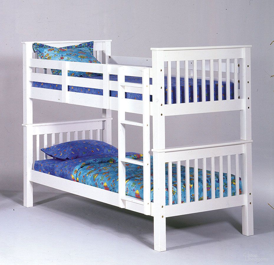 The appearance of Sadler Twin over Twin Bunk Bed (White) designed by Bernell in the transitional interior design. This white piece of furniture was selected by 1StopBedrooms from Sadler Collection to add a touch of cosiness and style into your home. Sku: 3727. Bed Type: Bunk Bed. Bed Size: Twin. Material: Solid Pine.