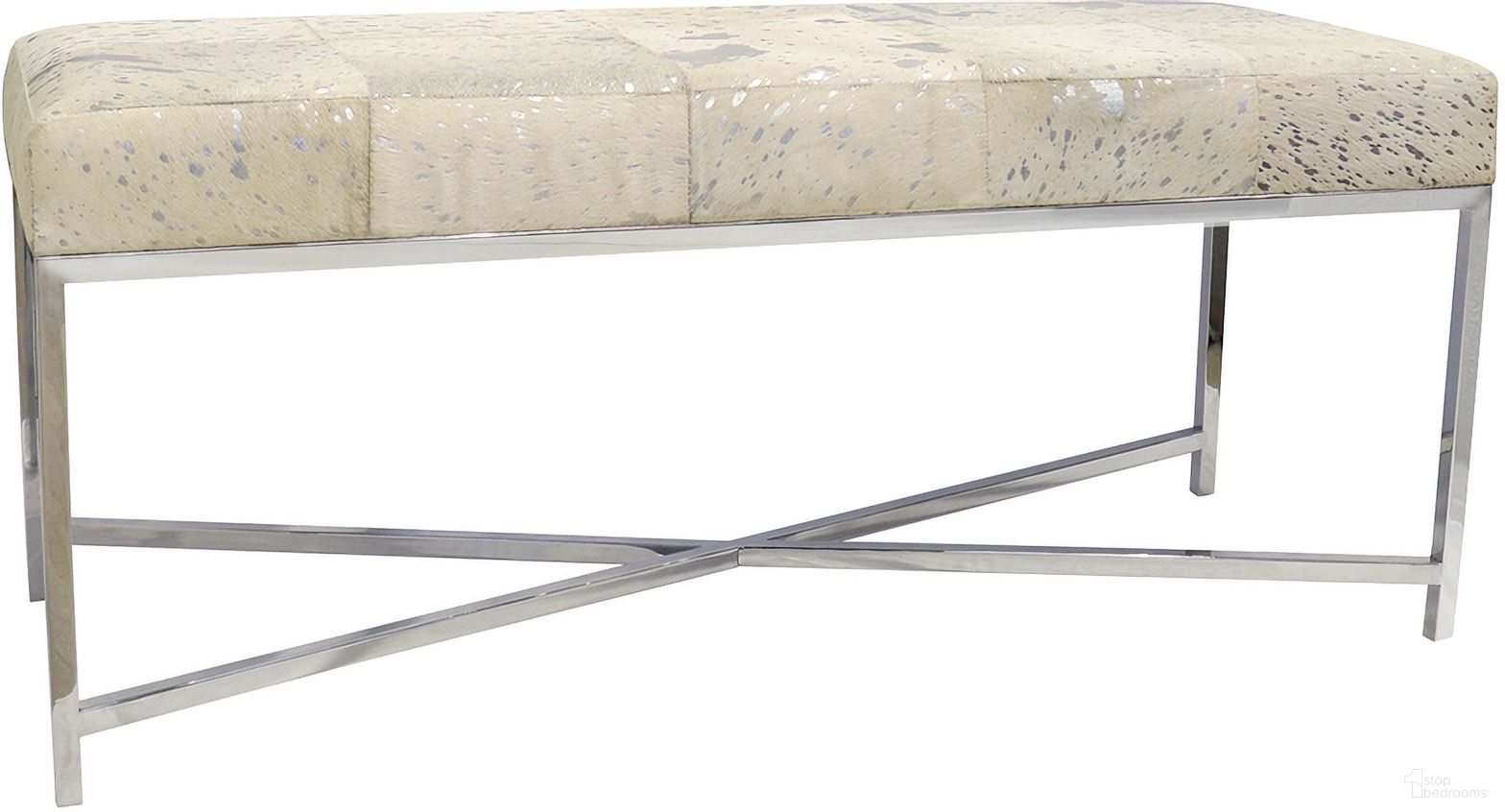 The appearance of Safari 46 Inch Foil Cowhide and Steel Bench In Silver designed by Pasargad Home in the modern / contemporary interior design. This silver piece of furniture was selected by 1StopBedrooms from Safari Collection to add a touch of cosiness and style into your home. Sku: PGN-1304. Material: Cow Hide.