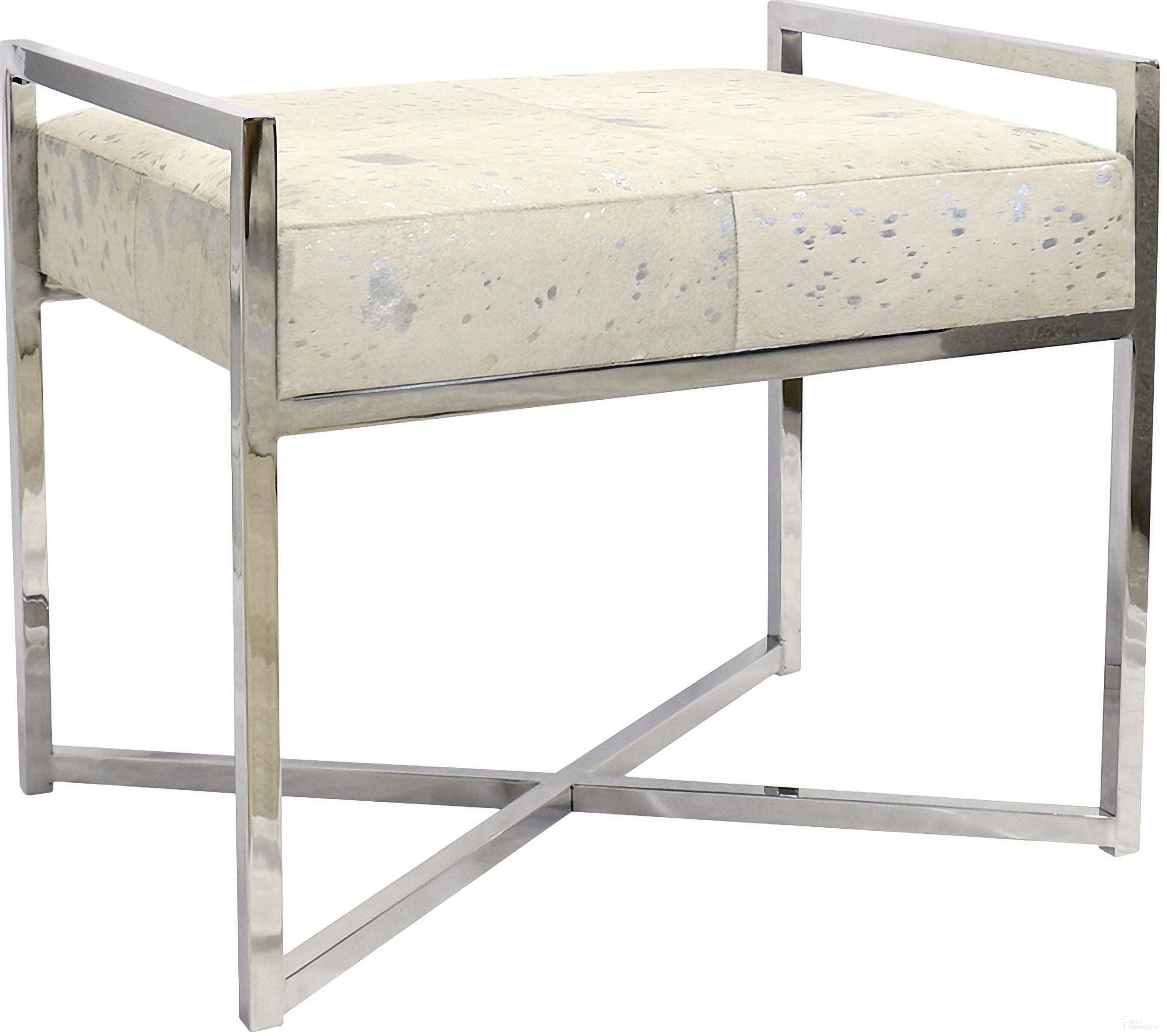The appearance of Safari 24 Inch Foil Cowhide and Steel Bench In Silver designed by Pasargad Home in the modern / contemporary interior design. This silver piece of furniture  was selected by 1StopBedrooms from Safari Collection to add a touch of cosiness and style into your home. Sku: PGN-1306. Material: Cow Hide.