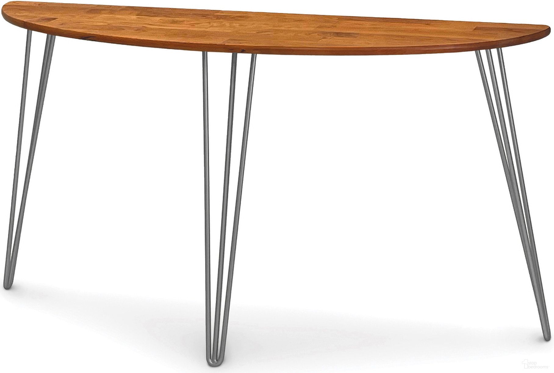 The appearance of Sage Demilune Sofa Table With Metal Legs In Natural Cherry designed by Abelain Home in the transitional interior design. This natural cherry piece of furniture was selected by 1StopBedrooms from Sage Collection to add a touch of cosiness and style into your home. Sku: 8-SAG-5416-29M-03. Material: Wood.