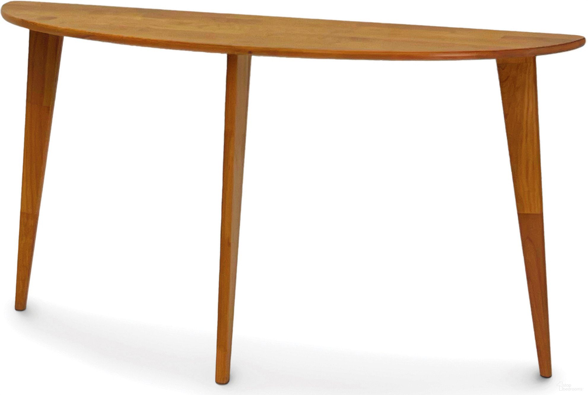 The appearance of Sage Demilune Sofa Table With Wood Legs In Natural Cherry designed by Abelain Home in the transitional interior design. This natural cherry piece of furniture was selected by 1StopBedrooms from Sage Collection to add a touch of cosiness and style into your home. Sku: 8-SAG-5416-29W-03. Material: Wood.
