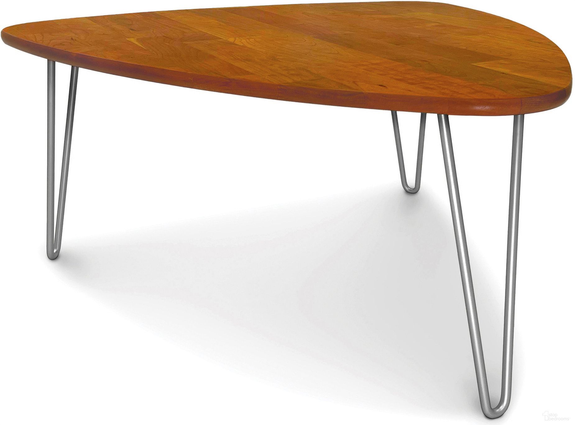 The appearance of Sage Guitar Pick Coffee Table With Metal Legs In Natural Cherry designed by Abelain Home in the transitional interior design. This natural cherry piece of furniture was selected by 1StopBedrooms from Sage Collection to add a touch of cosiness and style into your home. Sku: 8-SAG-3534-16M-03. Material: Wood.