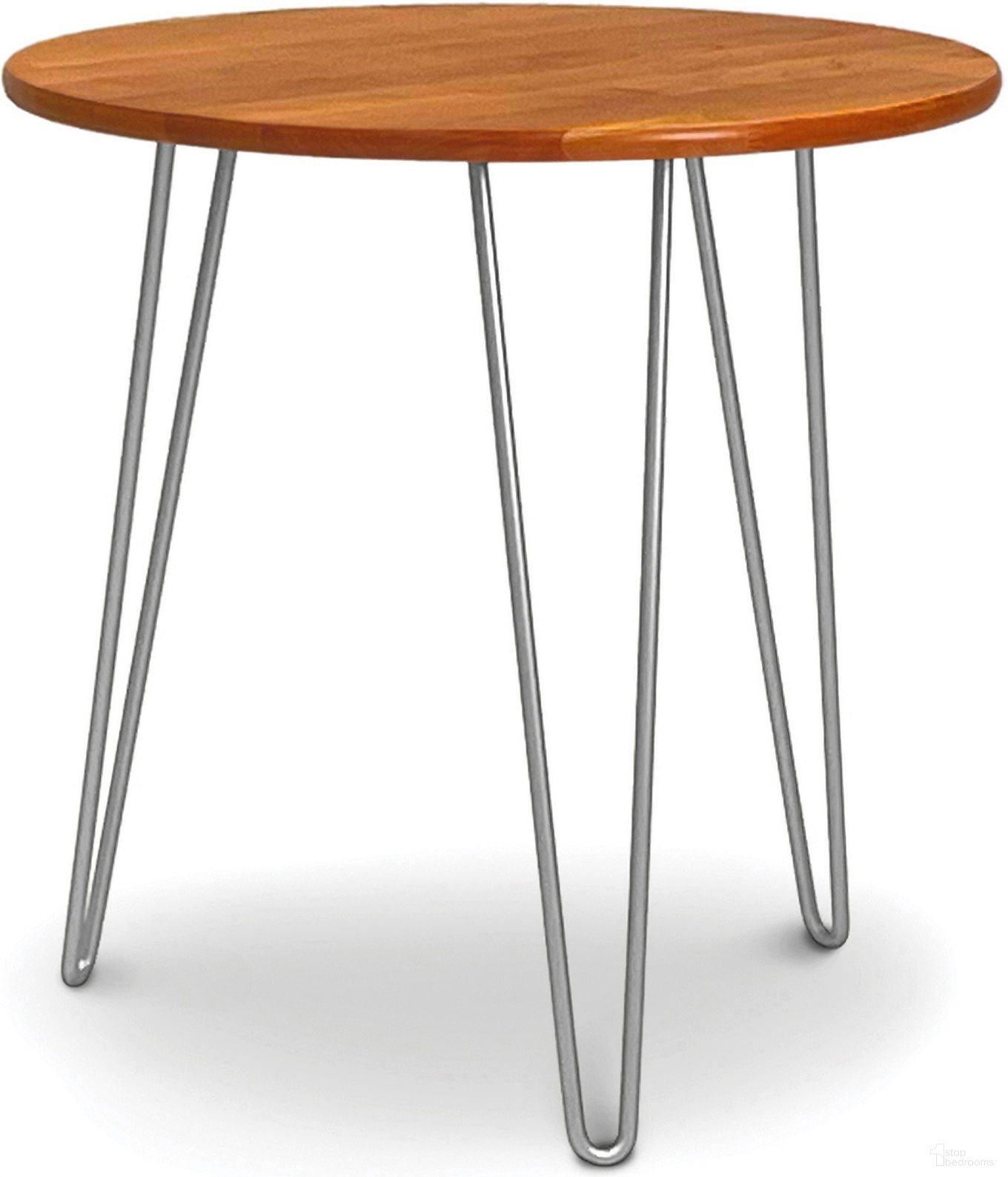 The appearance of Sage Round End Table With Metal Legs In Natural Cherry designed by Abelain Home in the transitional interior design. This natural cherry piece of furniture  was selected by 1StopBedrooms from Sage Collection to add a touch of cosiness and style into your home. Sku: 8-SAG-2424-24M-03. Material: Wood.