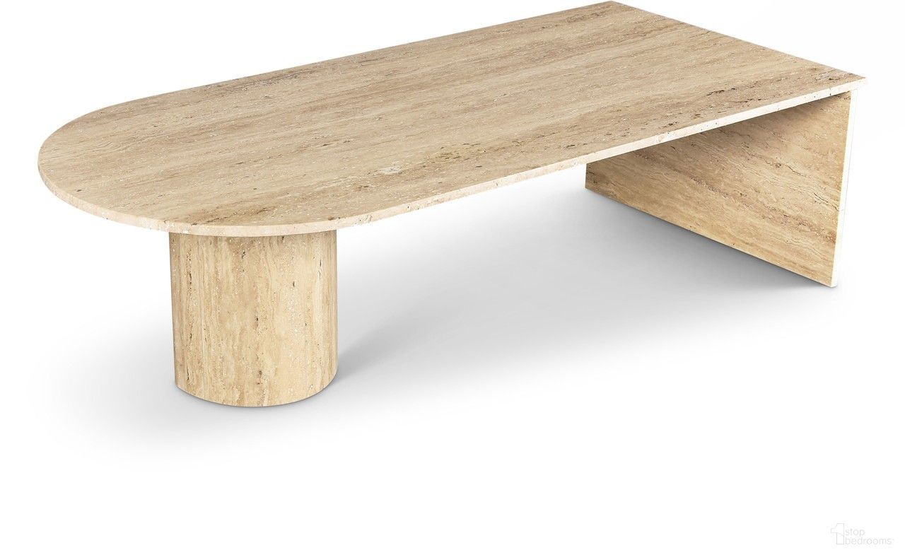 The appearance of Salerno Coffee Table In Beige designed by Meridian in the modern / contemporary interior design. This beige piece of furniture was selected by 1StopBedrooms from Salerno Collection to add a touch of cosiness and style into your home. Sku: 263Travertine-CT Box 1/2 (Top / Side Base);263Travertine-CT Box 2/2 (Round Base). Material: Marble.