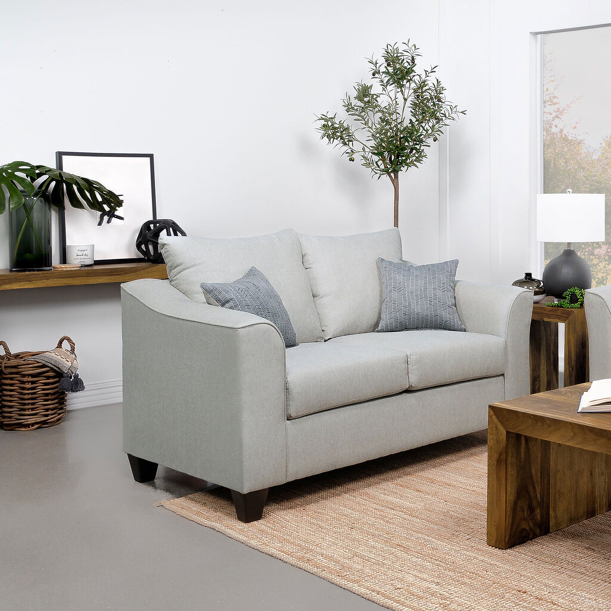The appearance of Salizar Upholstered Track Arm Fabric Loveseat Grey Mist designed by Coaster in the transitional interior design. This sand piece of furniture  was selected by 1StopBedrooms from Salizar Collection to add a touch of cosiness and style into your home. Sku: 508582. Material: Upholstered.