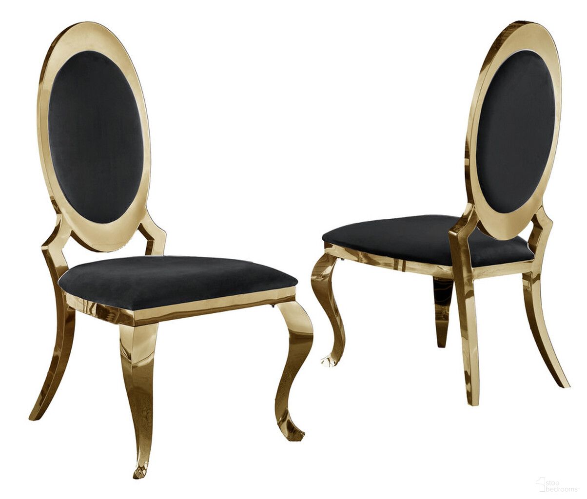 Sally Classy Round Back Side Chairs Set of 2 In Black Velvet and Gold Legs