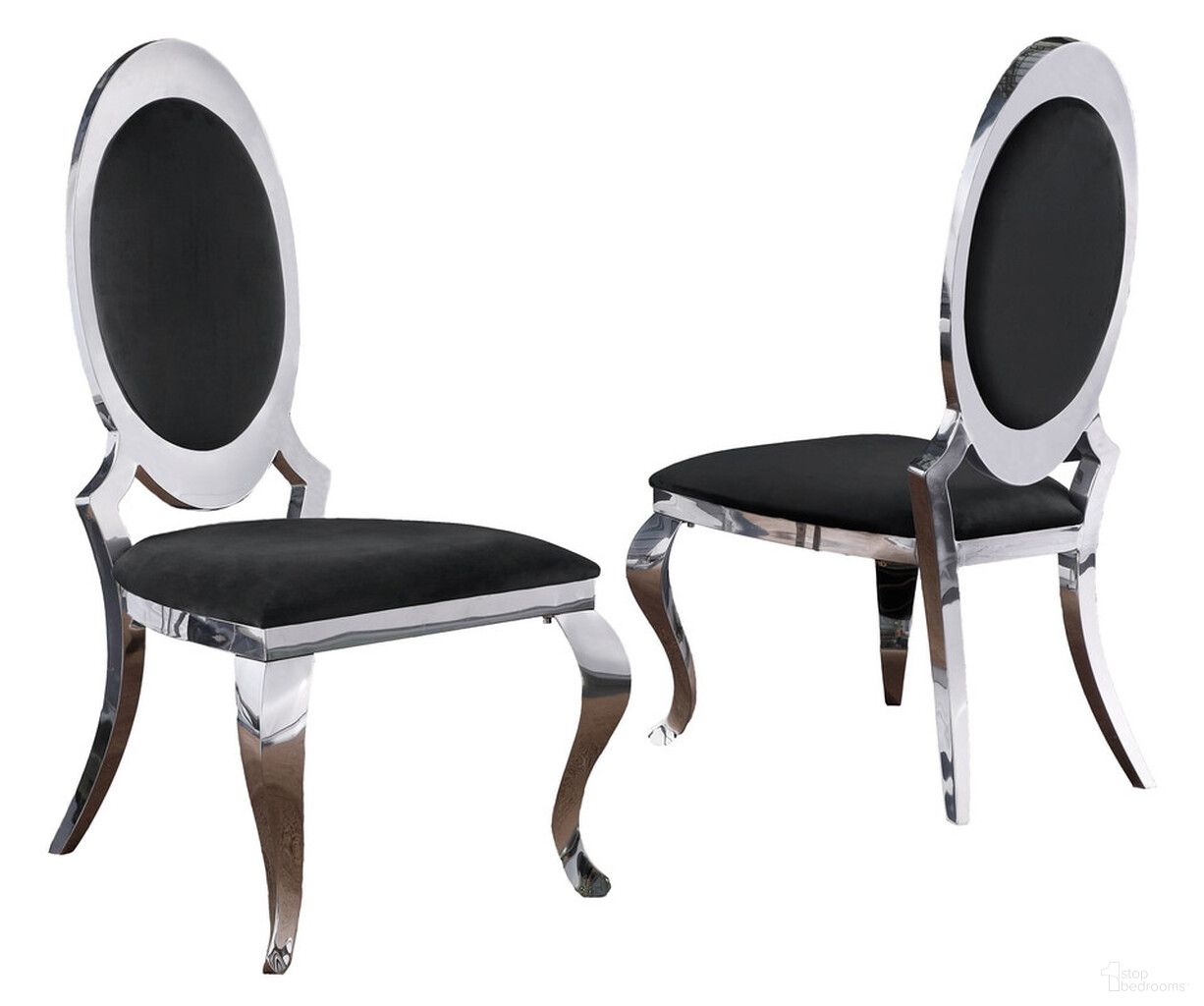 Sally Classy Round Back Side Chairs Set of 2 In Black Velvet and Silver Legs