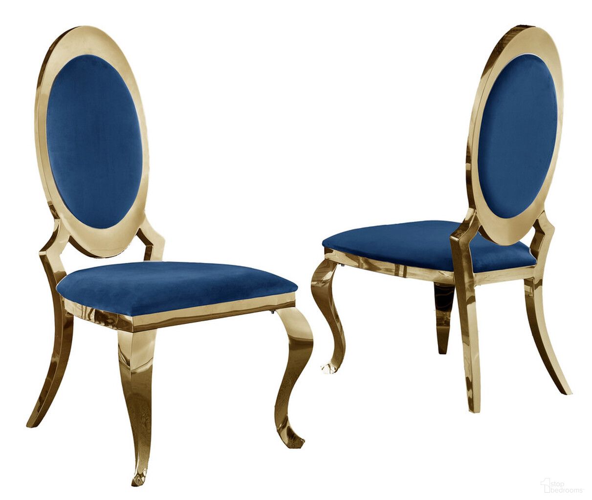 The appearance of Sally Classy Round Back Side Chairs Set of 2 In Navy Blue Velvet and Gold Legs designed by Best Quality Furniture in the modern / contemporary interior design. This navy blue and gold piece of furniture was selected by 1StopBedrooms from Sally Collection to add a touch of cosiness and style into your home. Sku: SC185. Material: Stainless Steel. Chair Type: Side Chair.