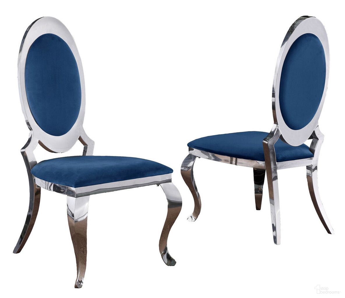 The appearance of Sally Classy Round Back Side Chairs Set of 2 In Navy Blue Velvet and Silver Legs designed by Best Quality Furniture in the modern / contemporary interior design. This navy blue and silver piece of furniture was selected by 1StopBedrooms from Sally Collection to add a touch of cosiness and style into your home. Sku: SC181. Material: Stainless Steel. Chair Type: Side Chair.