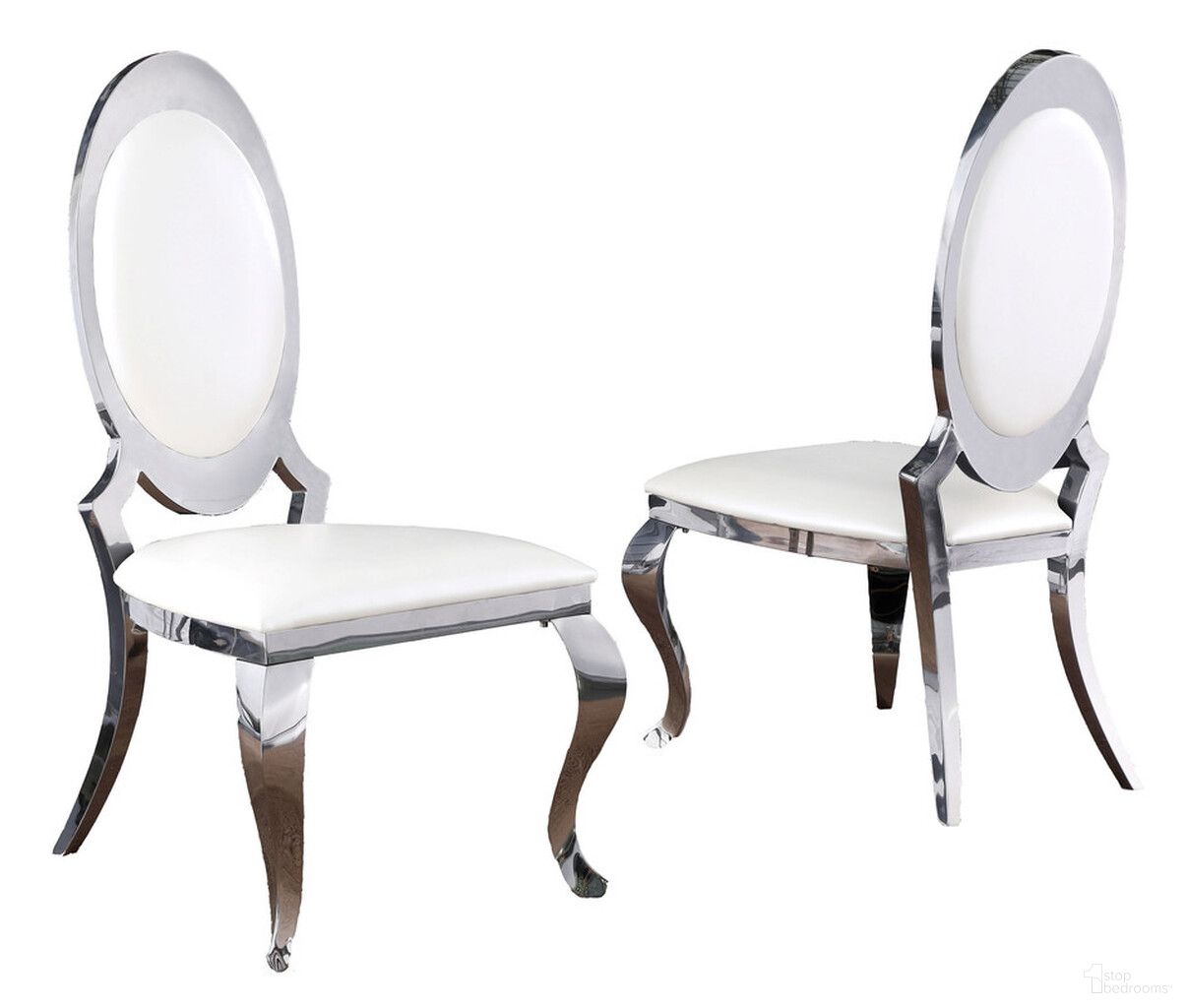 The appearance of Sally Classy Round Back Side Chairs Set of 2 In White Faux Leather and Silver Legs designed by Best Quality Furniture in the modern / contemporary interior design. This white and silver piece of furniture  was selected by 1StopBedrooms from Sally Collection to add a touch of cosiness and style into your home. Sku: SC183. Material: Stainless Steel. Chair Type: Side Chair.