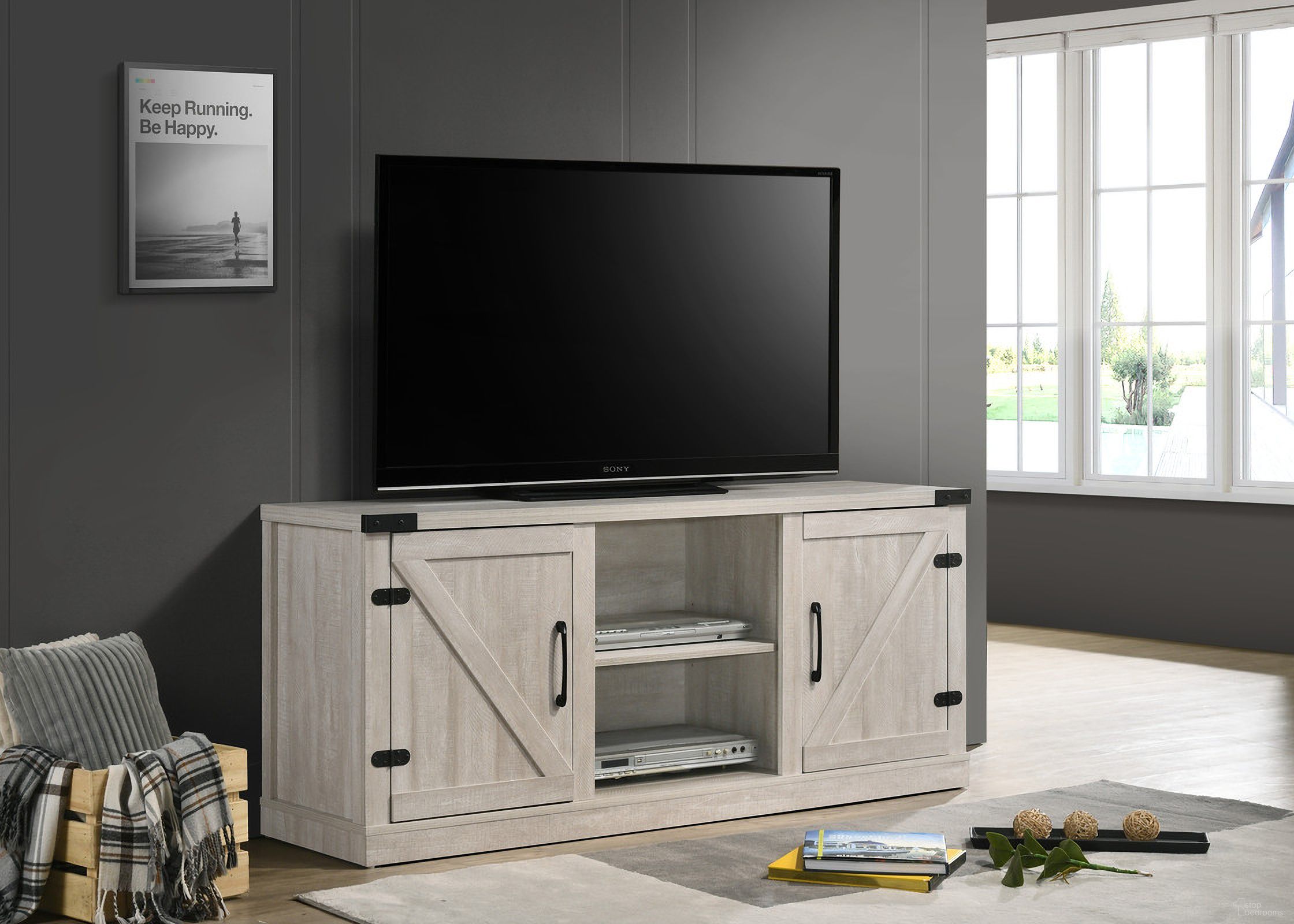 Salma 58 Inch Tv Stand with 2 Open Shelves and 2 Cabinets In Dusty Gray