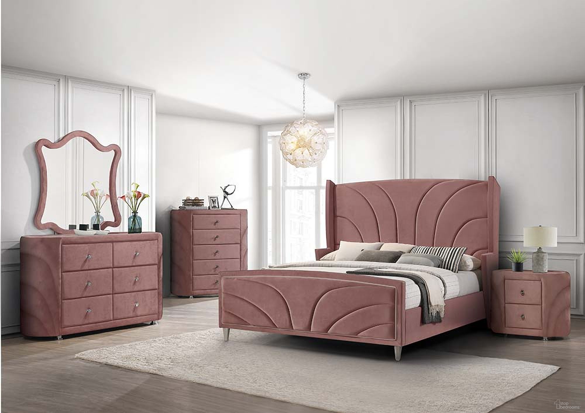 The appearance of Salonia Bedroom Set In Pink Velvet designed by ACME in the modern / contemporary interior design. This pink velvet piece of furniture  was selected by 1StopBedrooms from Salonia Collection to add a touch of cosiness and style into your home. Sku: BD01183Q1;BD01183Q2;BD01183Q3;BD01183Q4;BD01184. Bed Type: Platform Bed. Material: Wood. Bed Size: Queen.