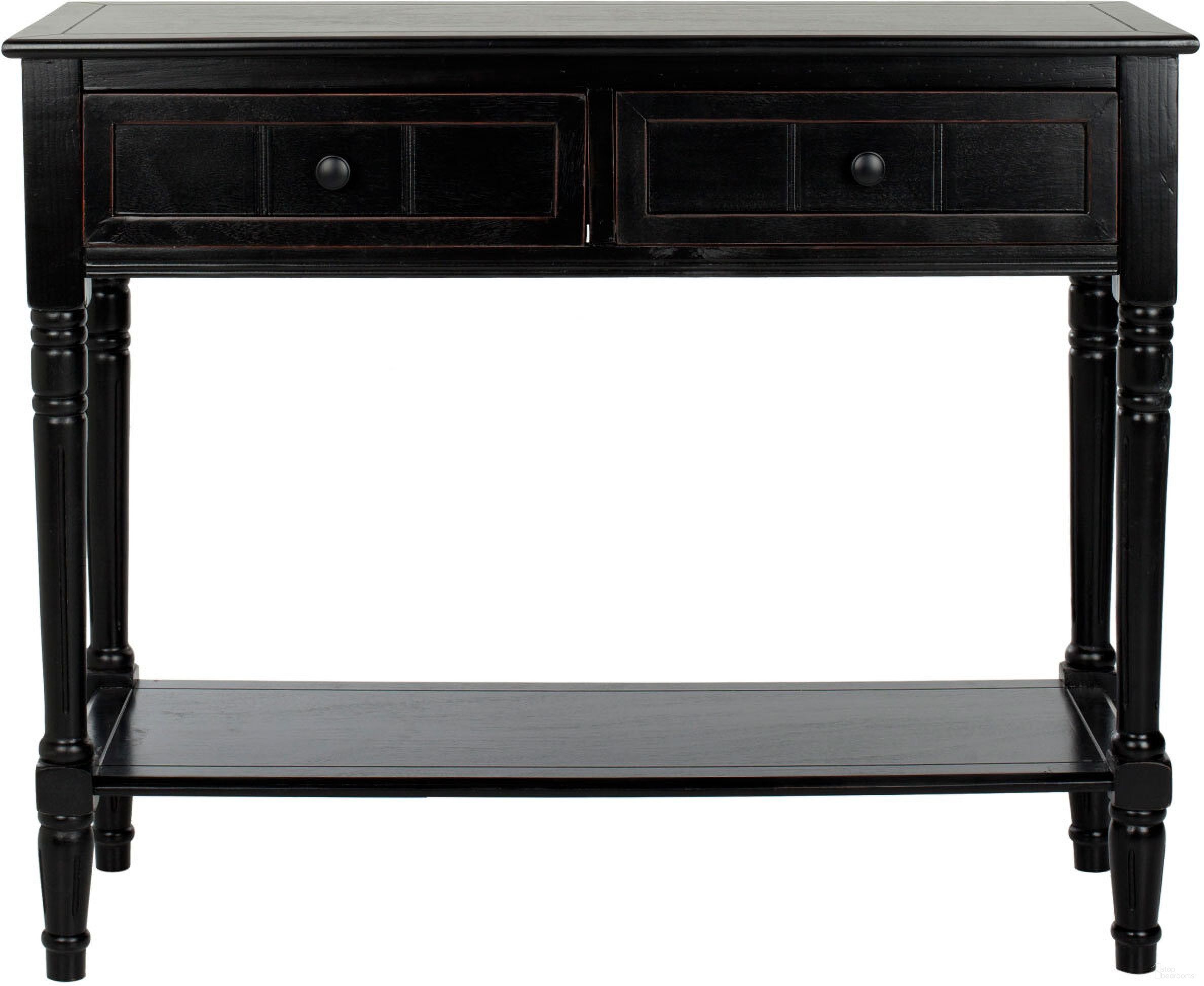 The appearance of Samantha Distressed Black 2-Drawer Console designed by Safavieh in the country / farmhouse interior design. This distressed black piece of furniture  was selected by 1StopBedrooms from Samantha Collection to add a touch of cosiness and style into your home. Sku: AMH5710B. Material: Aluminum.