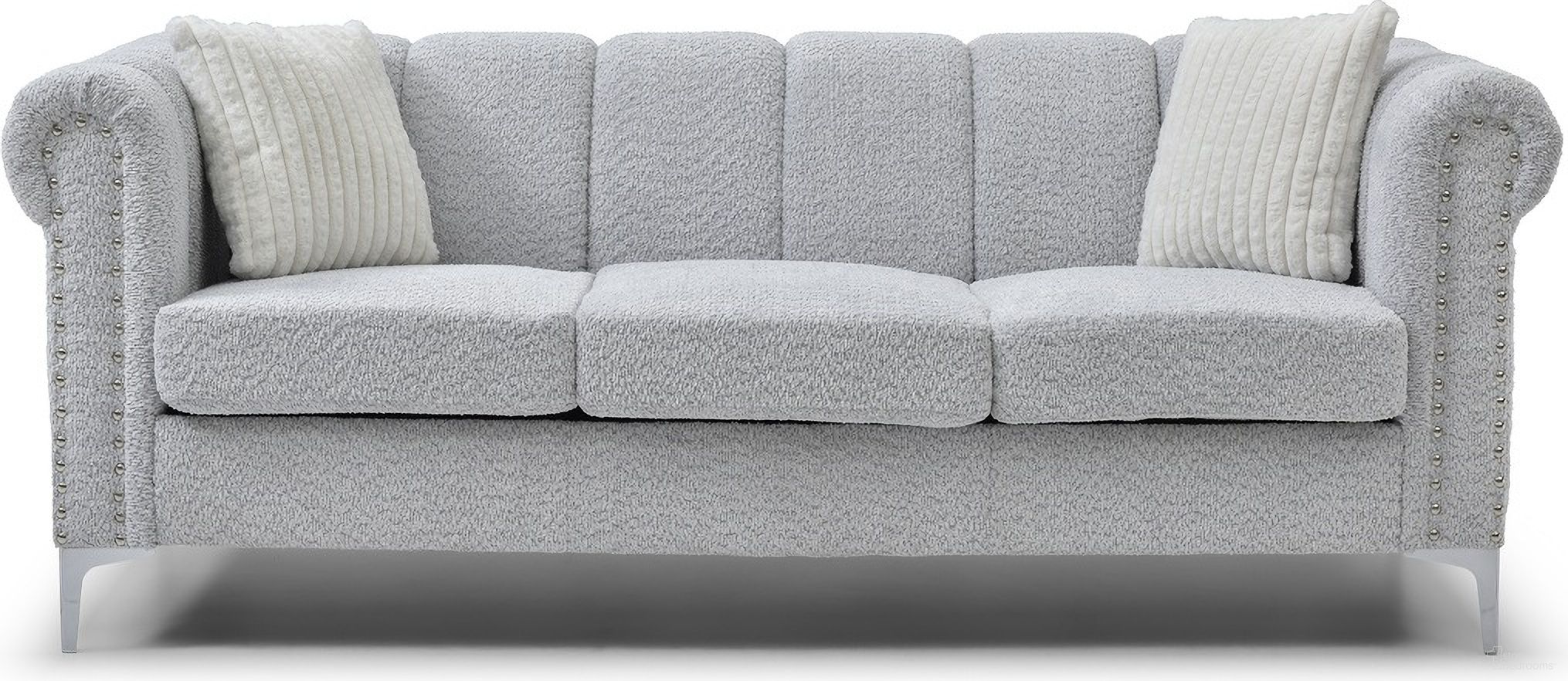 The appearance of Sammy Teddy Bear Chenille Rolled Arm Sofa in Gray designed by Glory in the transitional interior design. This gray piece of furniture was selected by 1StopBedrooms from Sammy Collection to add a touch of cosiness and style into your home. Sku: G00340A-S Box 1;G00340A-S Box 2. Material: Chenille.