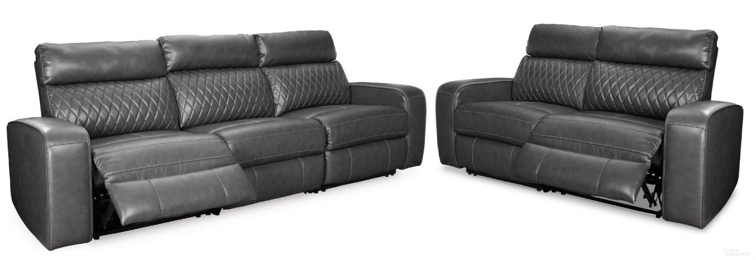 The appearance of Samperstone Power Reclining Living Room Set In Gray designed by Signature Design by Ashley in the modern / contemporary interior design. This gray piece of furniture  was selected by 1StopBedrooms from Samperstone Collection to add a touch of cosiness and style into your home. Sku: 5520346;5520362;5520358;5520358;5520362--. Material: Faux Leather.