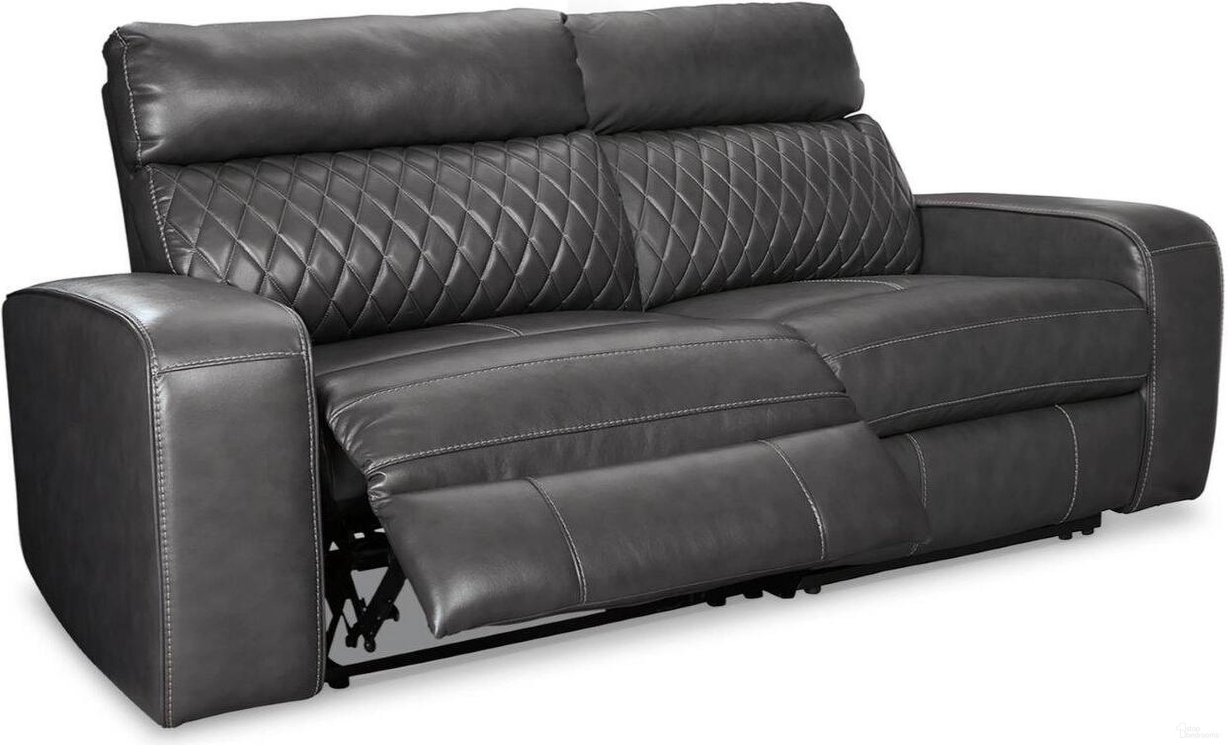 The appearance of Samperstone Power Reclining Loveseat In Gray designed by Signature Design by Ashley in the modern / contemporary interior design. This gray piece of furniture was selected by 1StopBedrooms from Samperstone Collection to add a touch of cosiness and style into your home. Sku: 5520358;5520362. Material: Faux Leather.