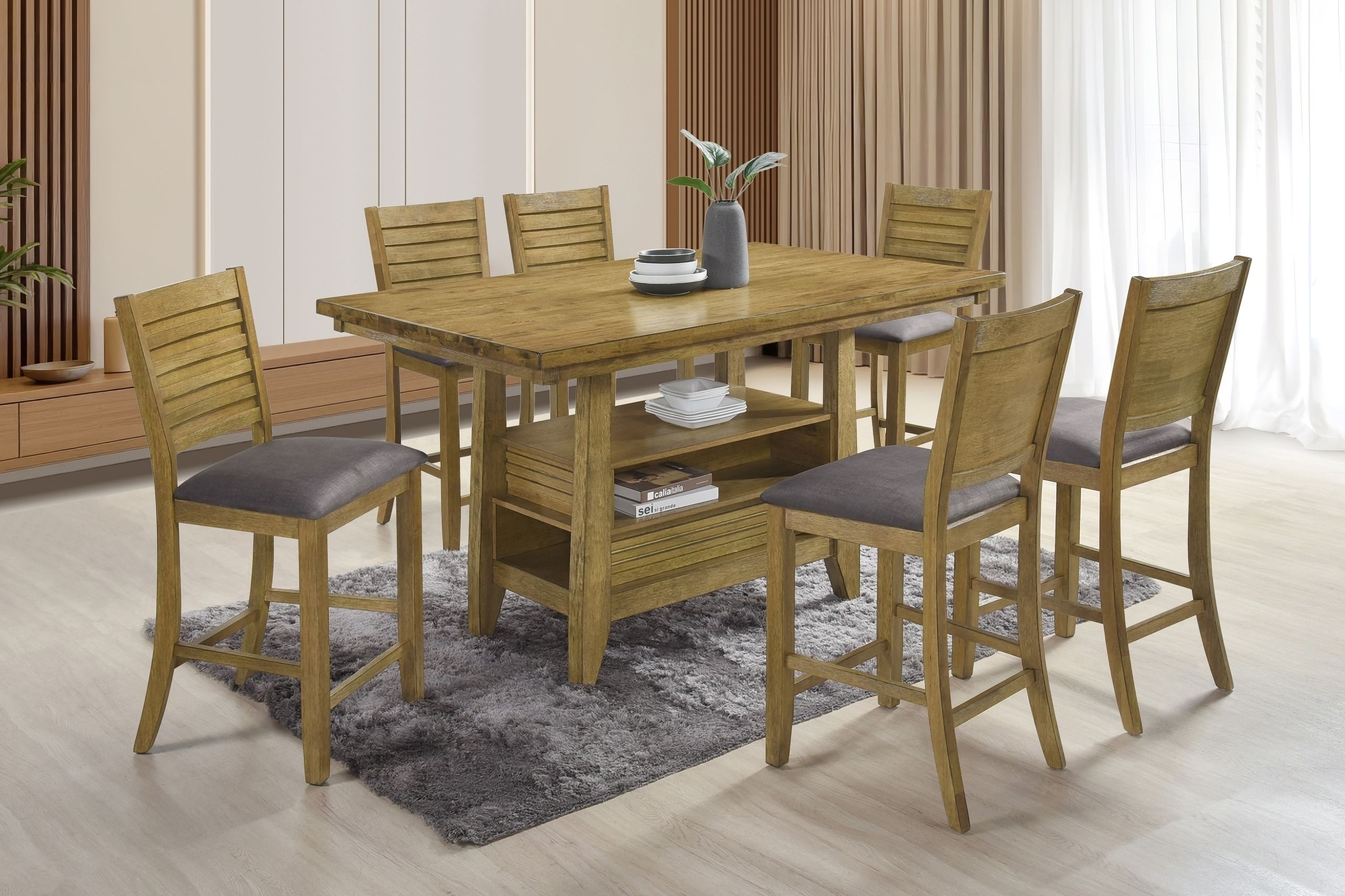 The appearance of San Antonio Counter Height Dining Room Set In Antique Brown designed by ECI in the transitional interior design. This antique brown piece of furniture  was selected by 1StopBedrooms from San Antonio Collection to add a touch of cosiness and style into your home. Sku: 4494-00-CT;4494-00-CTB;4494-00-CS. Table Top Shape: Rectangular. Material: Hardwood.