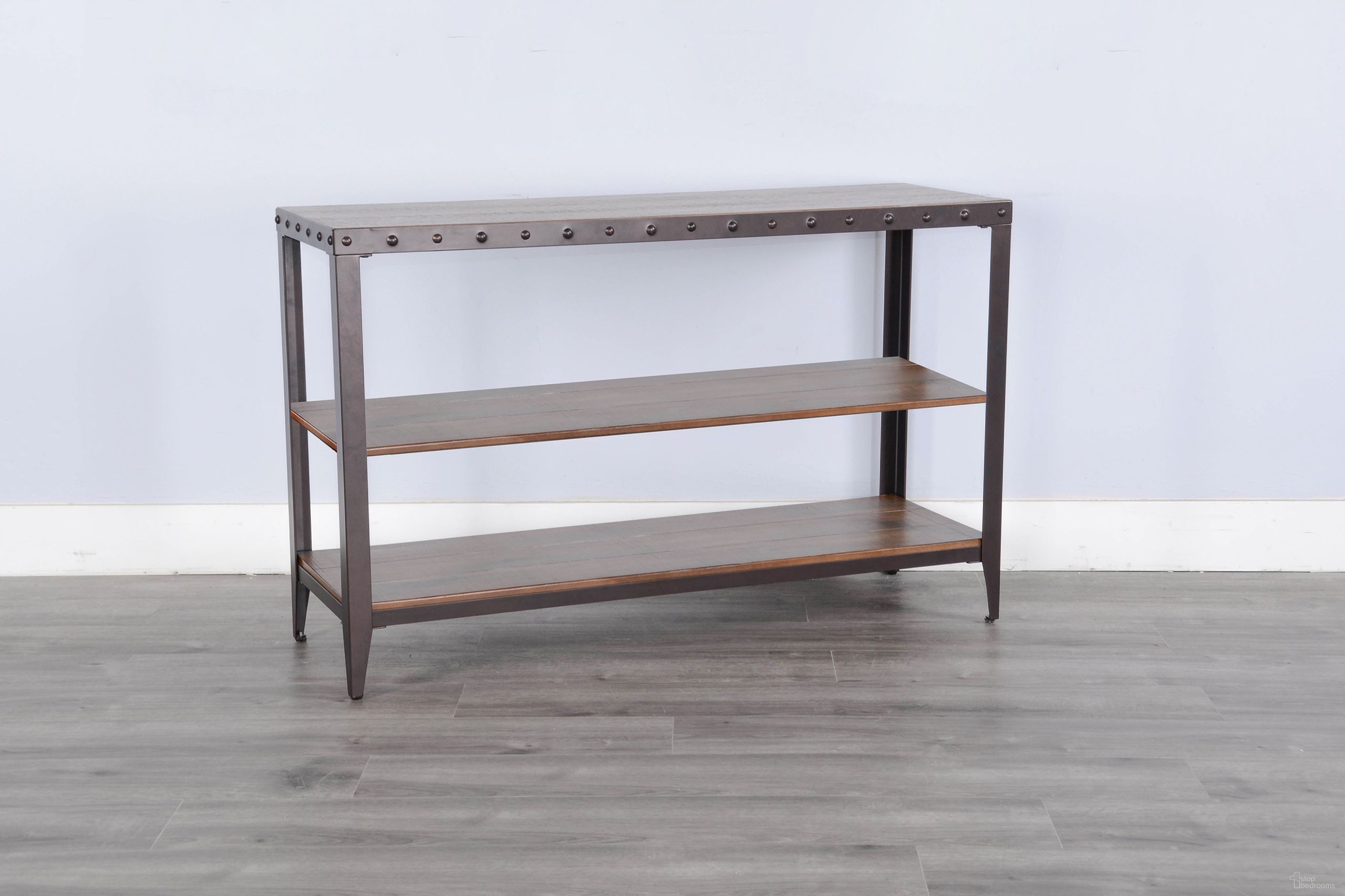 The appearance of San Diego Metal and Solid Wood Sofa Table In Antique Brown designed by Sunny Designs in the industrial interior design. This antique brown piece of furniture  was selected by 1StopBedrooms from San Diego Collection to add a touch of cosiness and style into your home. Sku: 3173AB-S. Material: Wood.