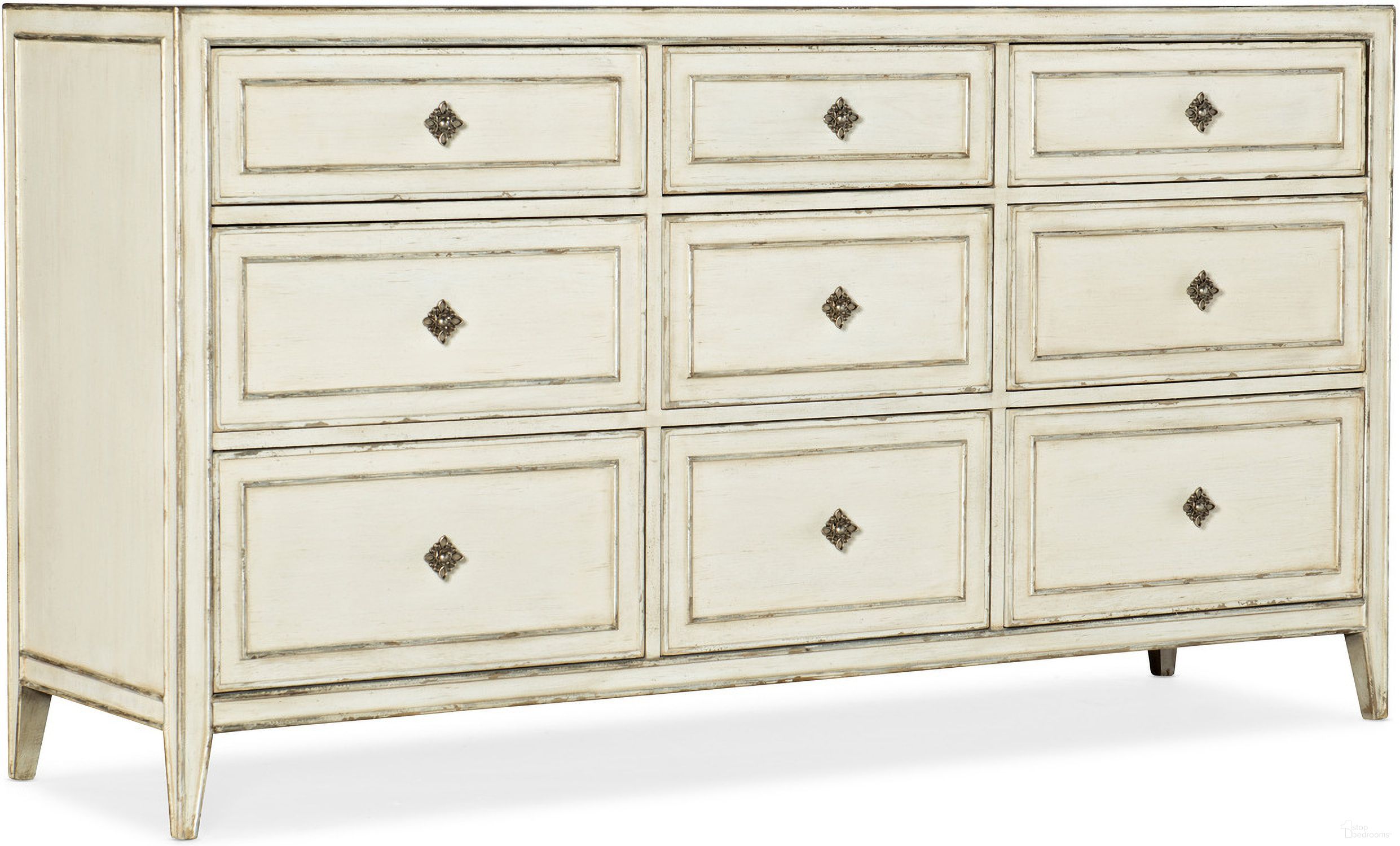 The appearance of Sanctuary Anastasie Dresser designed by Hooker in the traditional interior design. This white piece of furniture was selected by 1StopBedrooms from Sanctuary 2 Collection to add a touch of cosiness and style into your home. Sku: 5865-90203-02. Material: Oak Veneer.