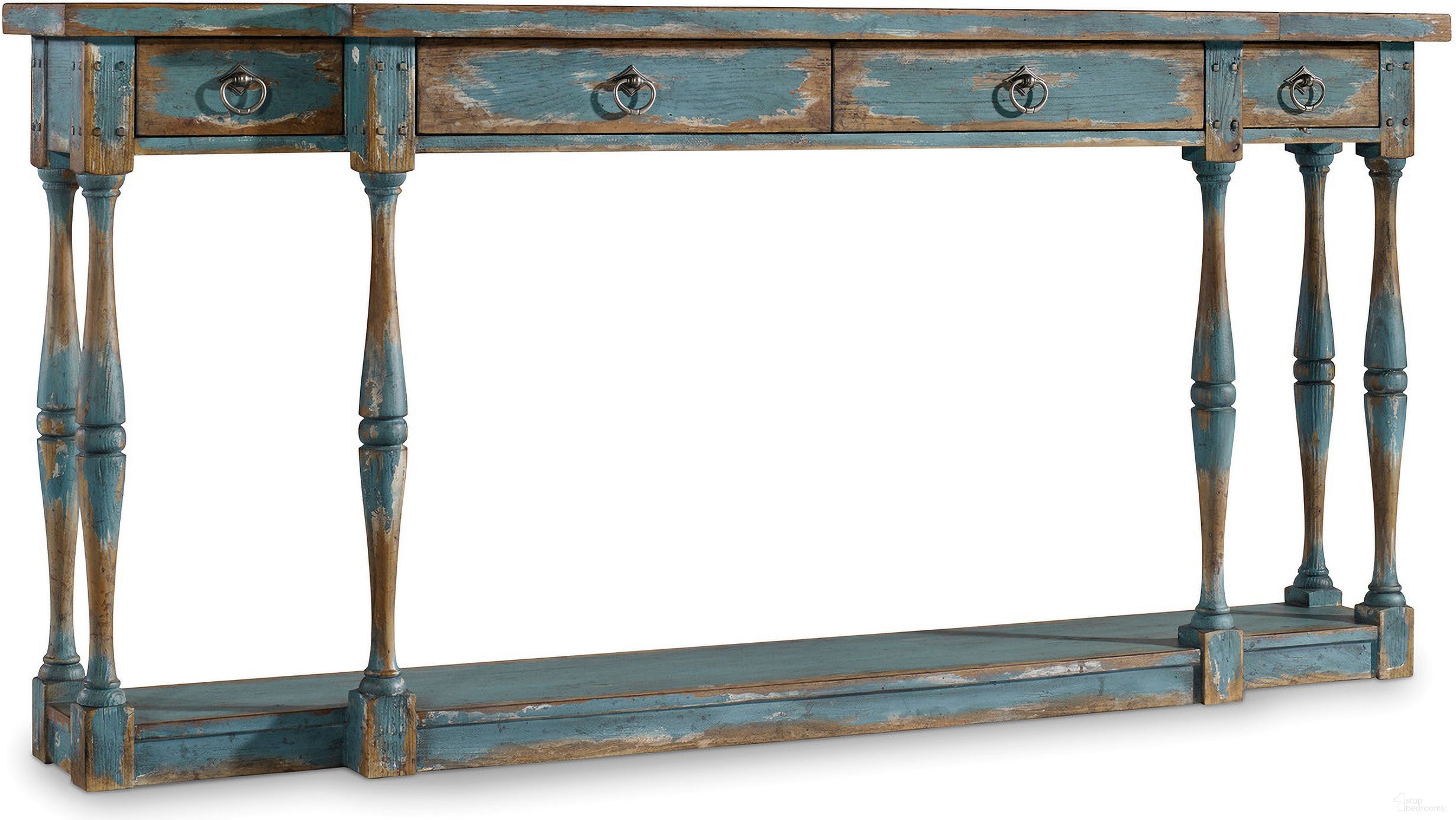 The appearance of Sanctuary Blue Four-Drawer Thin Console designed by Hooker in the transitional interior design. This blue piece of furniture was selected by 1StopBedrooms from Sanctuary Collection to add a touch of cosiness and style into your home. Sku: 5405-85003. Material: Veneer.