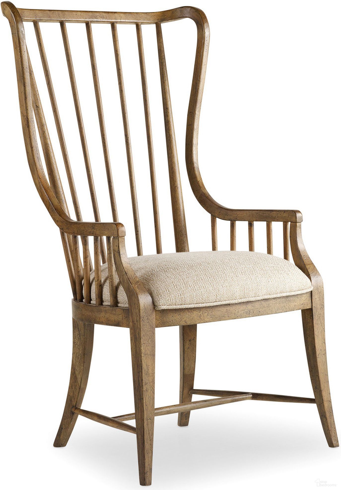 The appearance of Sanctuary Brown Tall Spindle Arm Chair Set of 2 designed by Hooker in the transitional interior design. This beige piece of furniture was selected by 1StopBedrooms from Sanctuary Collection to add a touch of cosiness and style into your home. Sku: 5401-75400. Material: Fabric. Chair Type: Arm Chair.