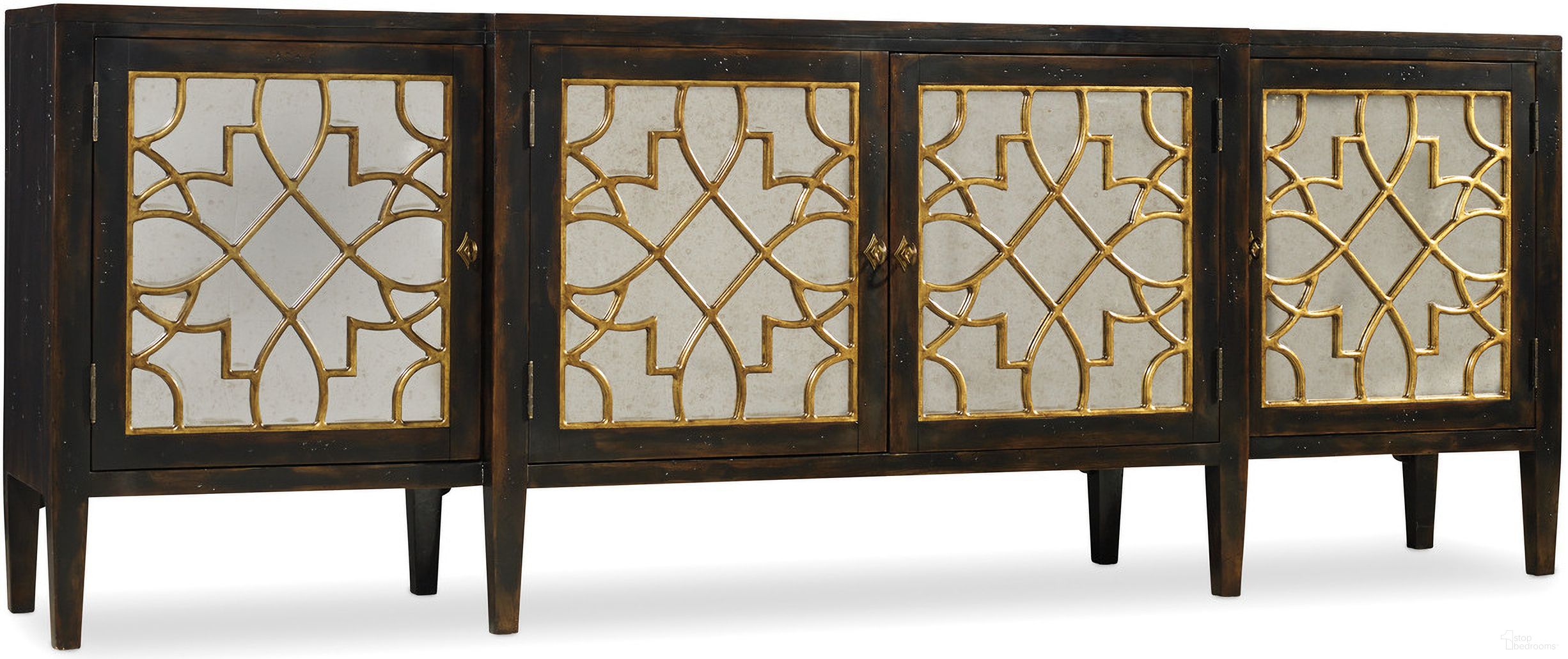 The appearance of Sanctuary Black 4 Door Mirrored Console designed by Hooker in the transitional interior design. This black piece of furniture was selected by 1StopBedrooms from Sanctuary Collection to add a touch of cosiness and style into your home. Sku: 3005-85005. Material: Oak Veneer.