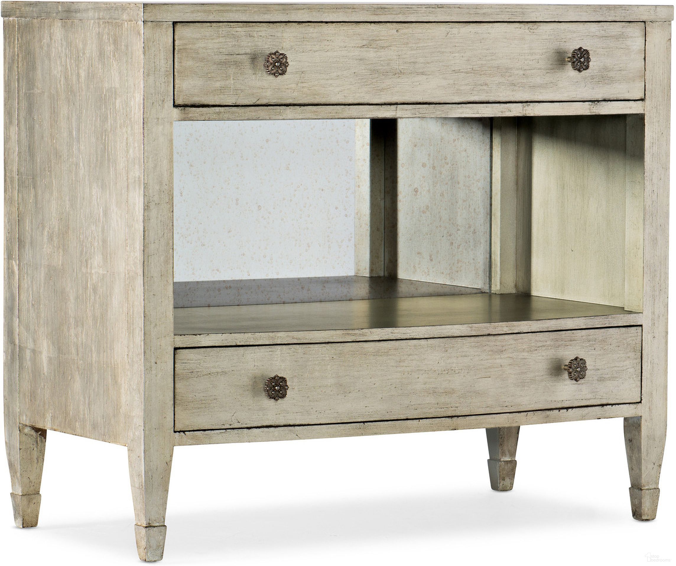 The appearance of Sanctuary Gemme Two Drawer Nightstand designed by Hooker in the traditional interior design. This silver piece of furniture was selected by 1StopBedrooms from Sanctuary 2 Collection to add a touch of cosiness and style into your home. Sku: 5875-90015-95. Material: Oak Veneer.